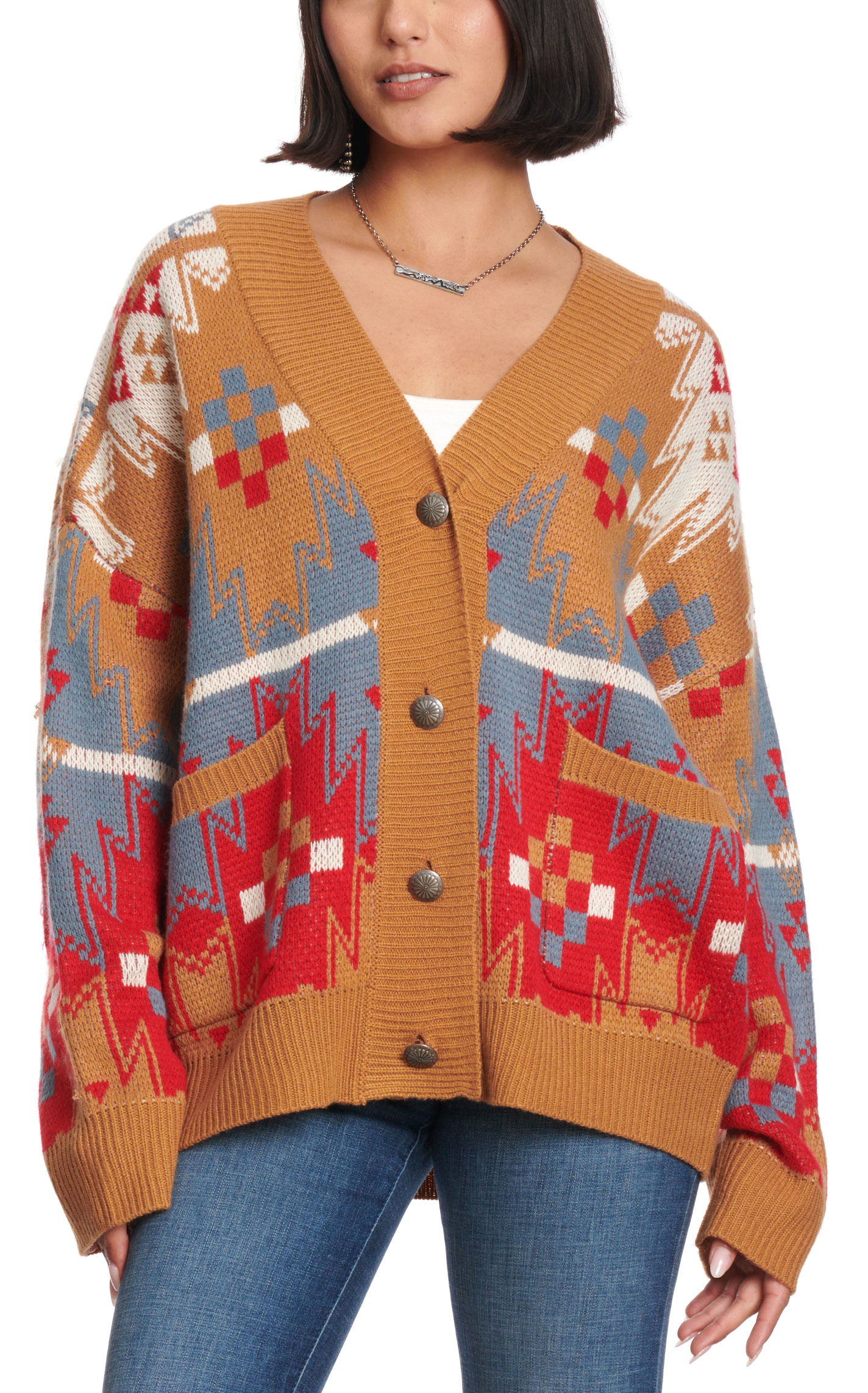 Wrangler Retro Women's Cinnamon, Blue & Red Aztec Cardigan - Image 1