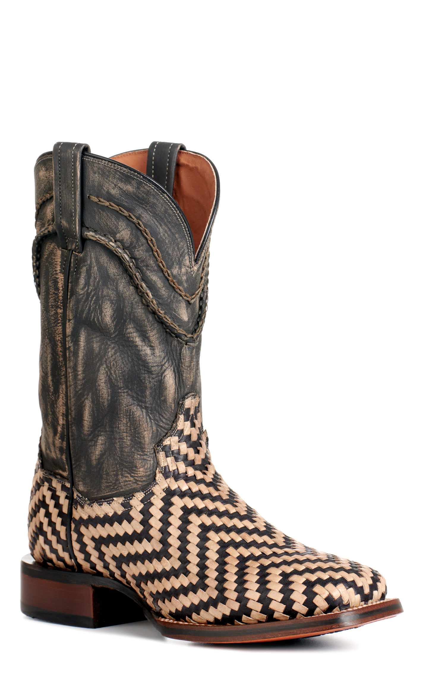 Dan Post Men's Keaton Distressed Black and Basketweave Wide Square Toe Cowboy Boots - Image 1