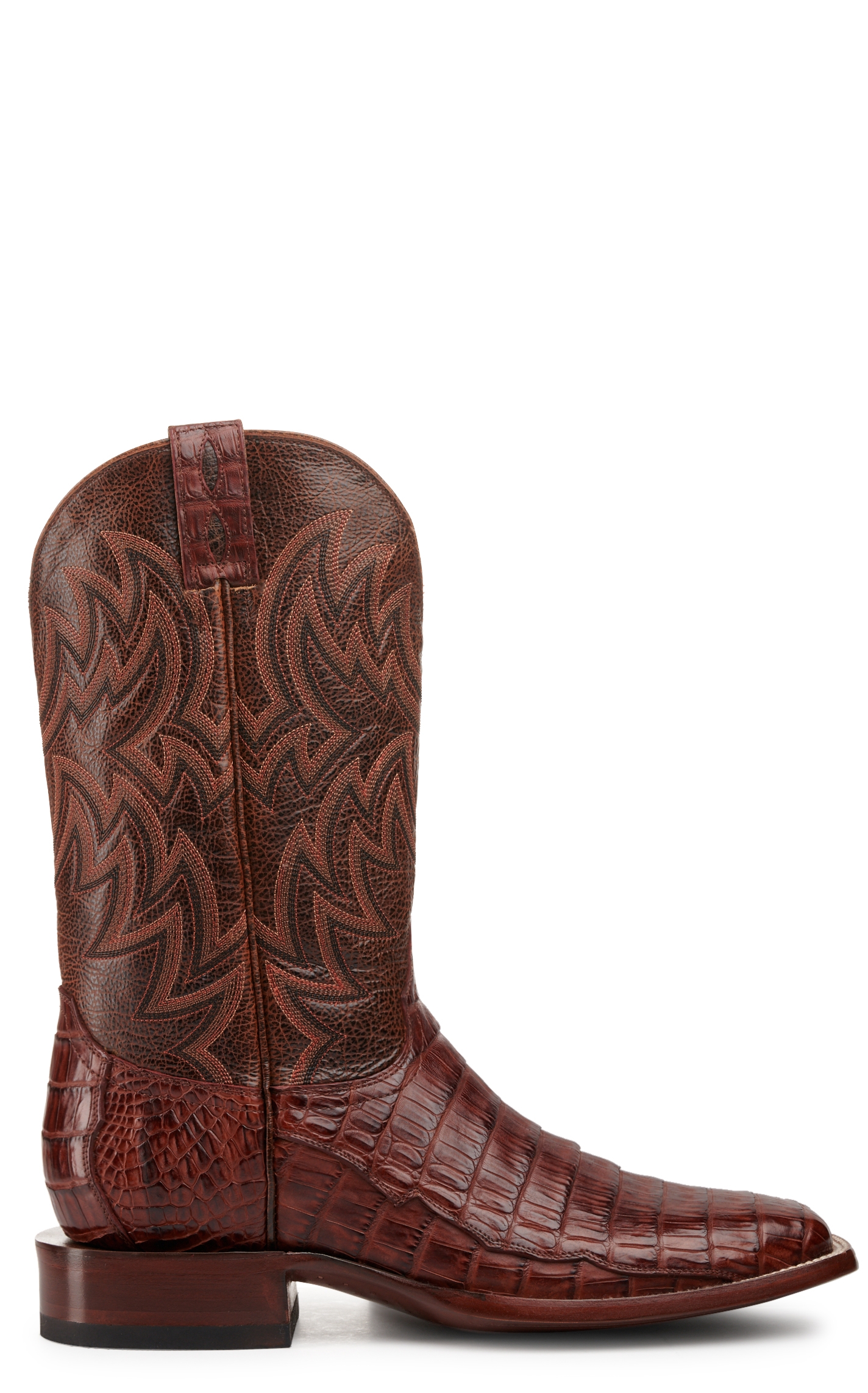 Cavender's Men's Cognac and Brandy Caiman Tail Wide Square Toe Exotic Cowboy Boot - Image 1