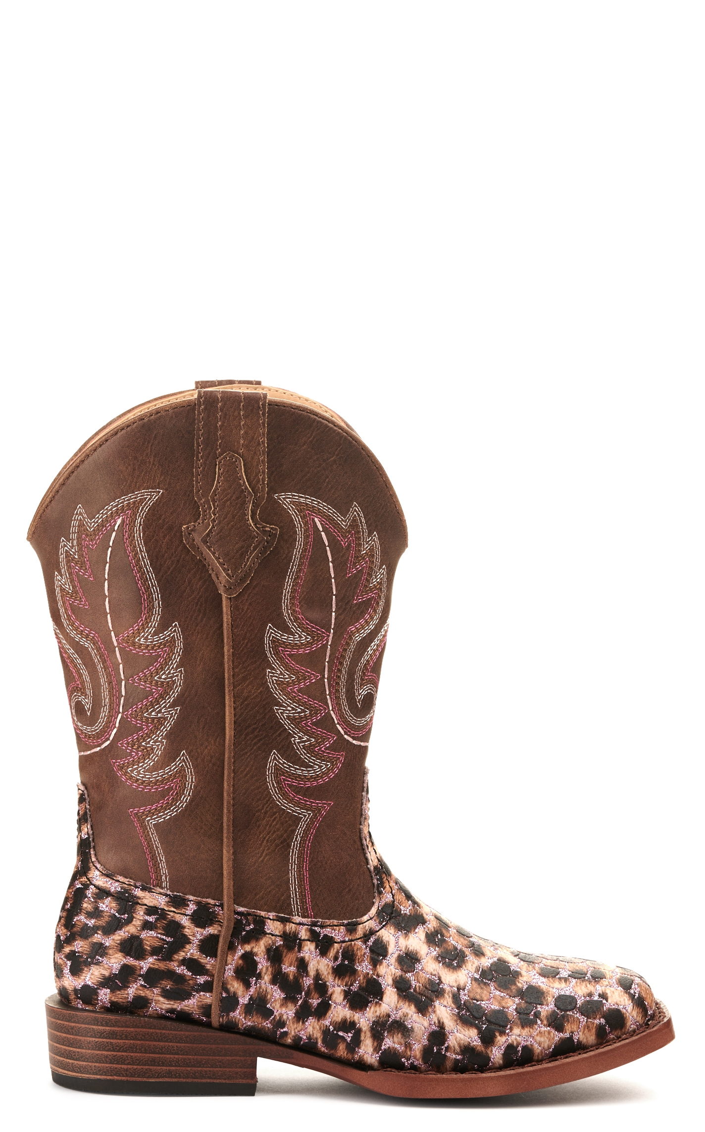 Roper Girl's Brown and Leopard with Pink Glitter Wide Square Toe Cowboy Boot - Image 1