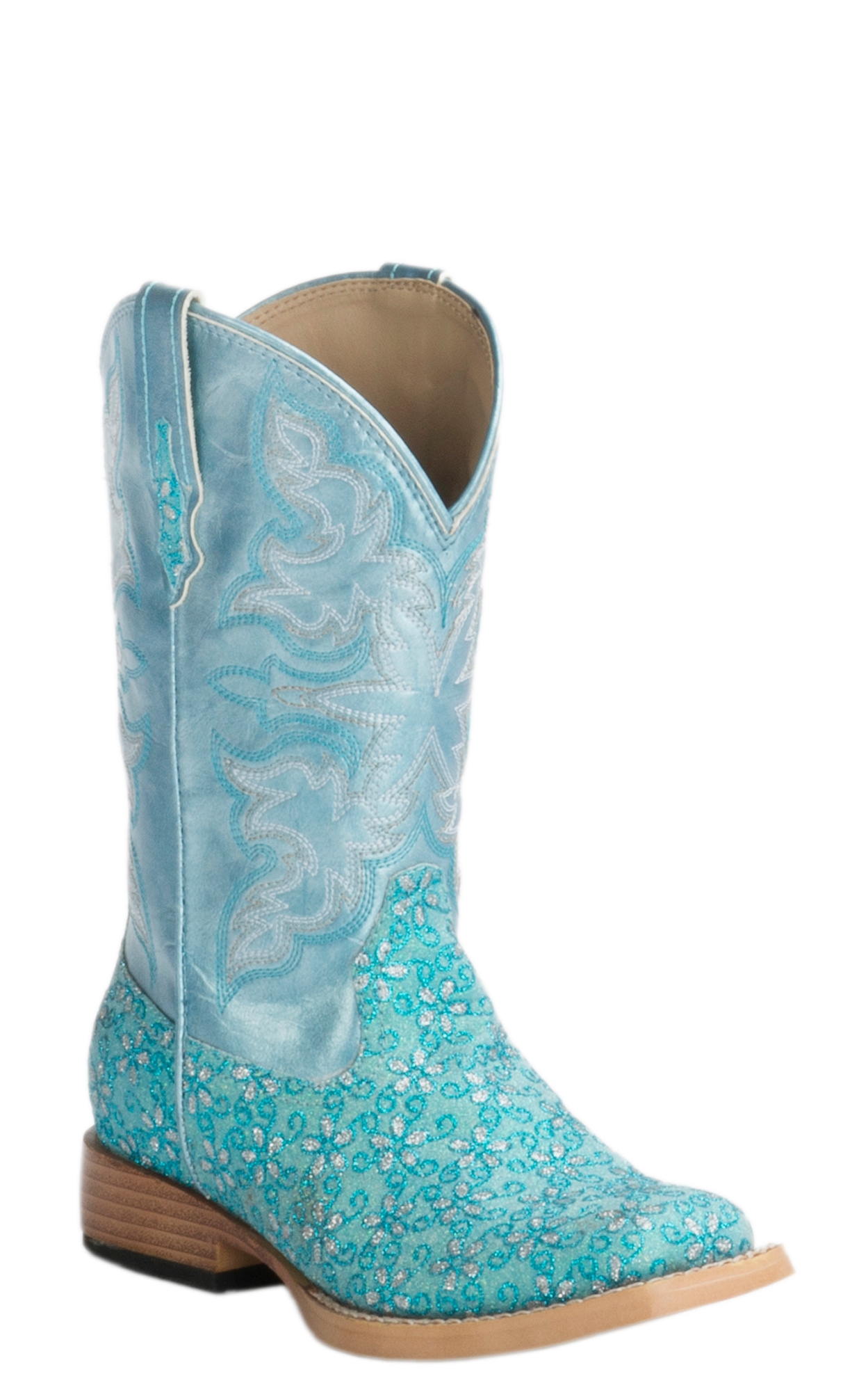 Roper Kids Turquoise Floral Glitter with Blue Ice Square Toe Cowboy Boots - Image 1