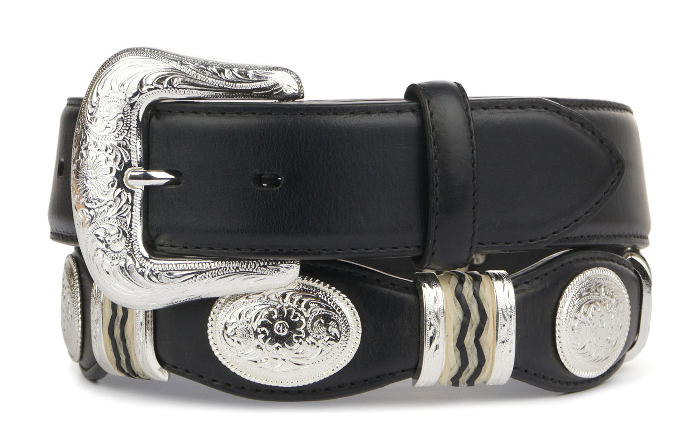 Tony Lama Men's Cutting Champ Black with Silver Conchos Scalloped Western Belt - Image 1
