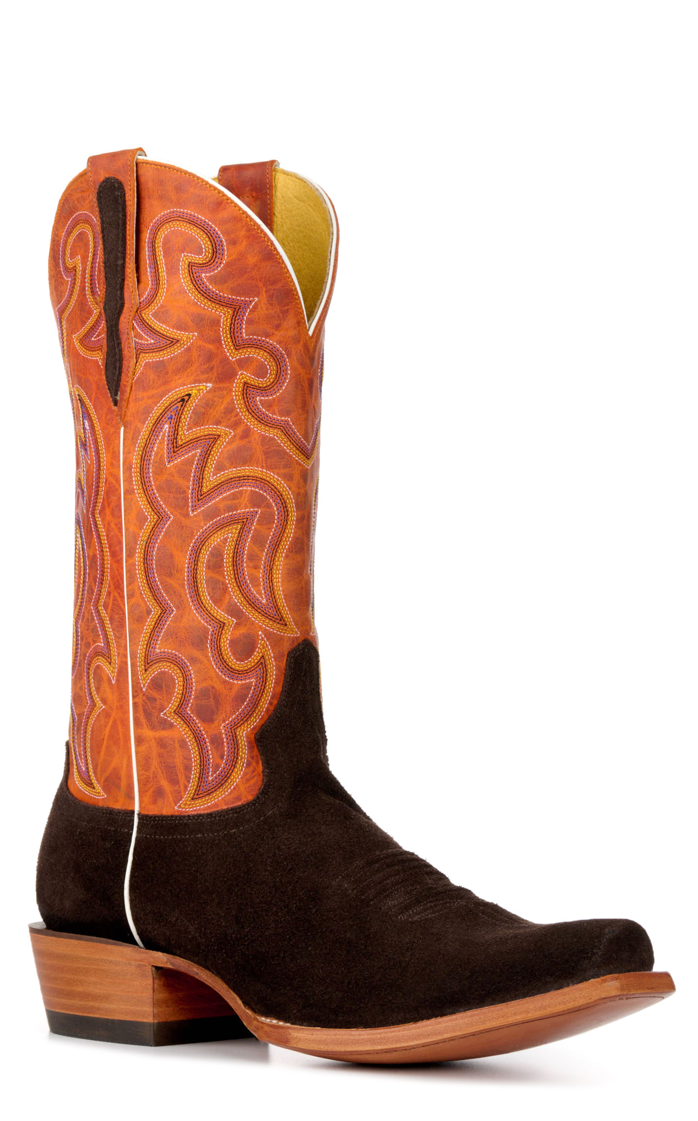 Cavender's Men's Chocolate Roughout and Orange Punchy Square Toe Cowboy Boots - Image 1