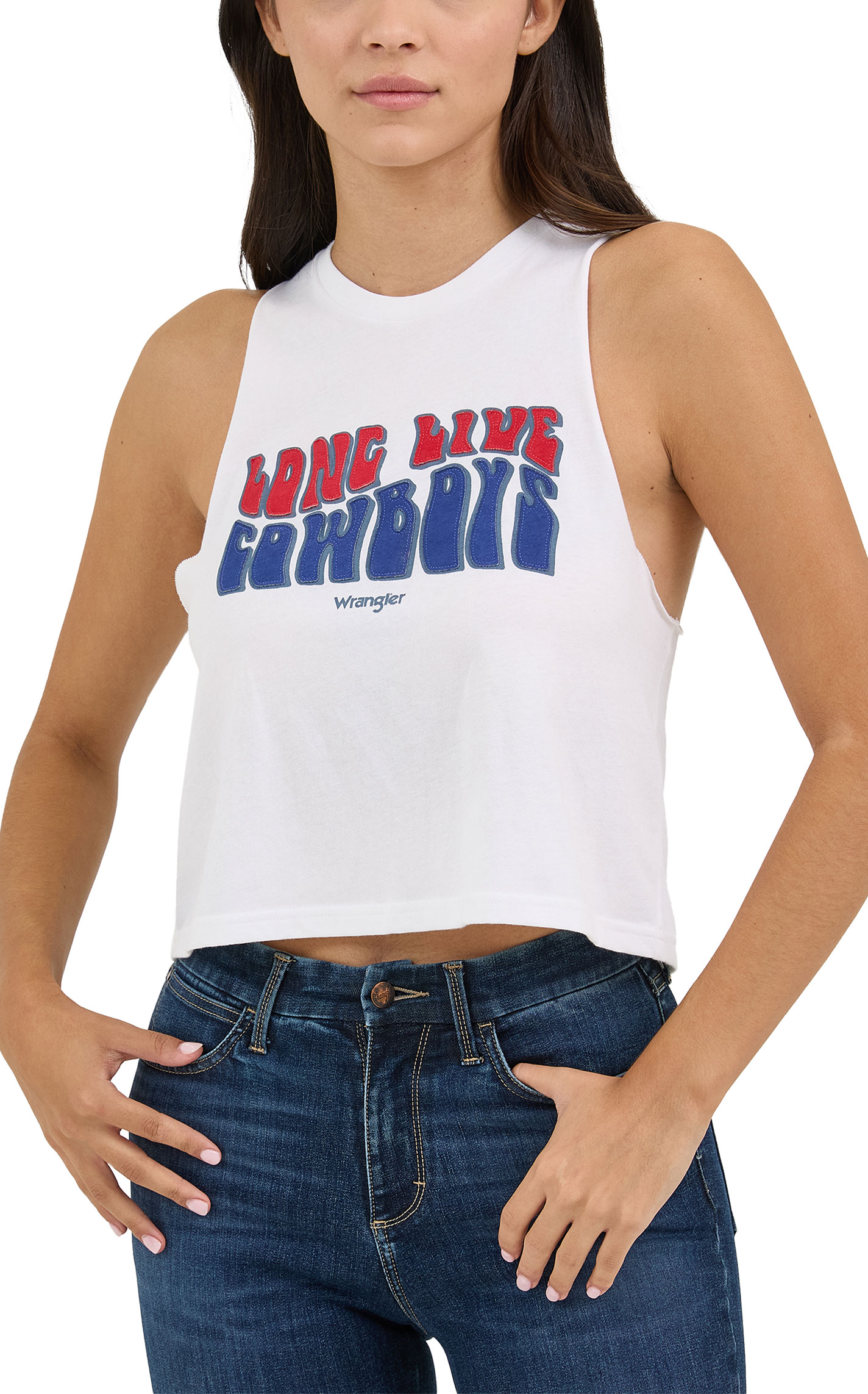 Wrangler Women's Blue Screen Print Crop Tank Tee - Image 1