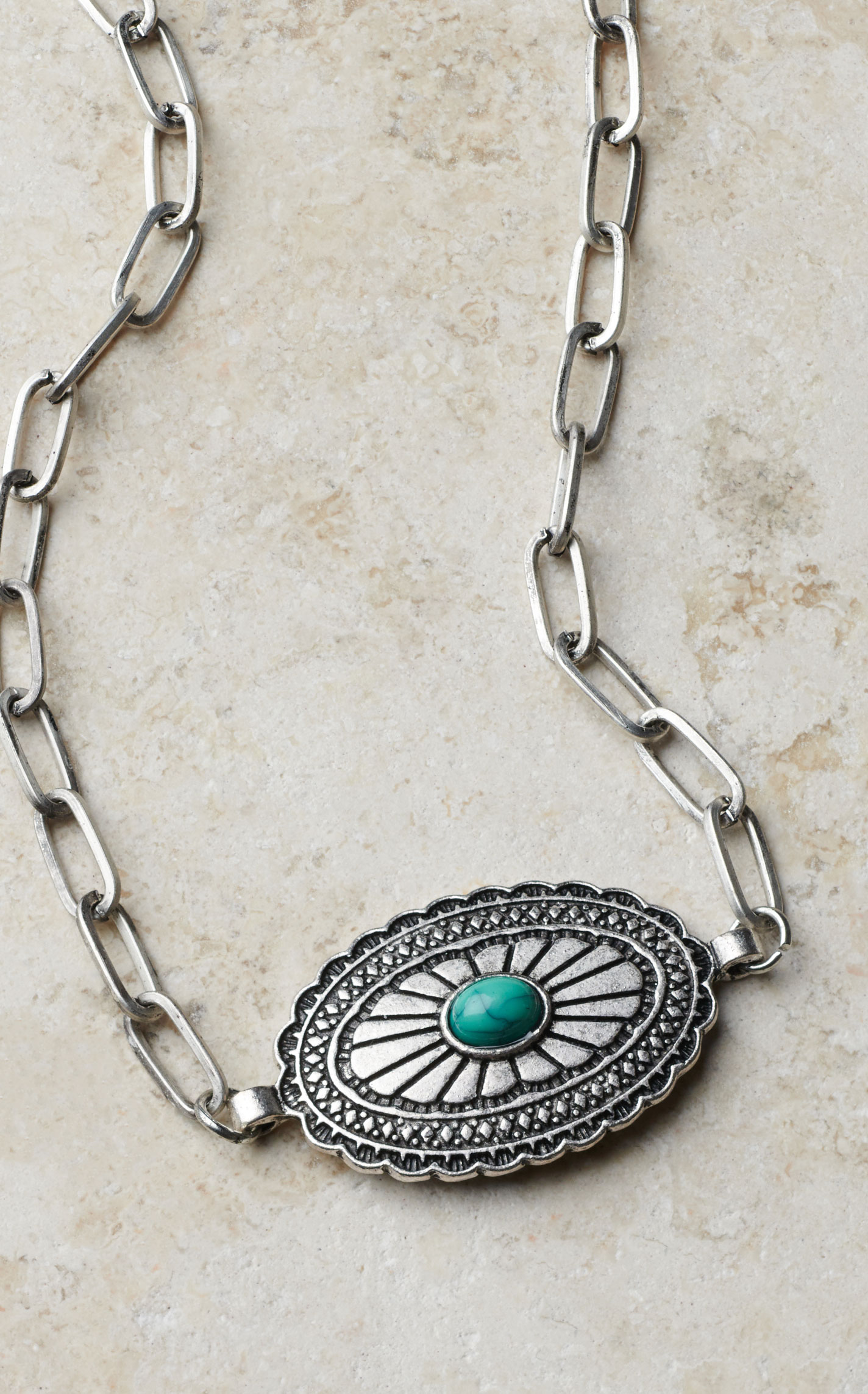 Rockin C Silver Concho Turquoise Stone Paperclip Chain Necklace - Image 1