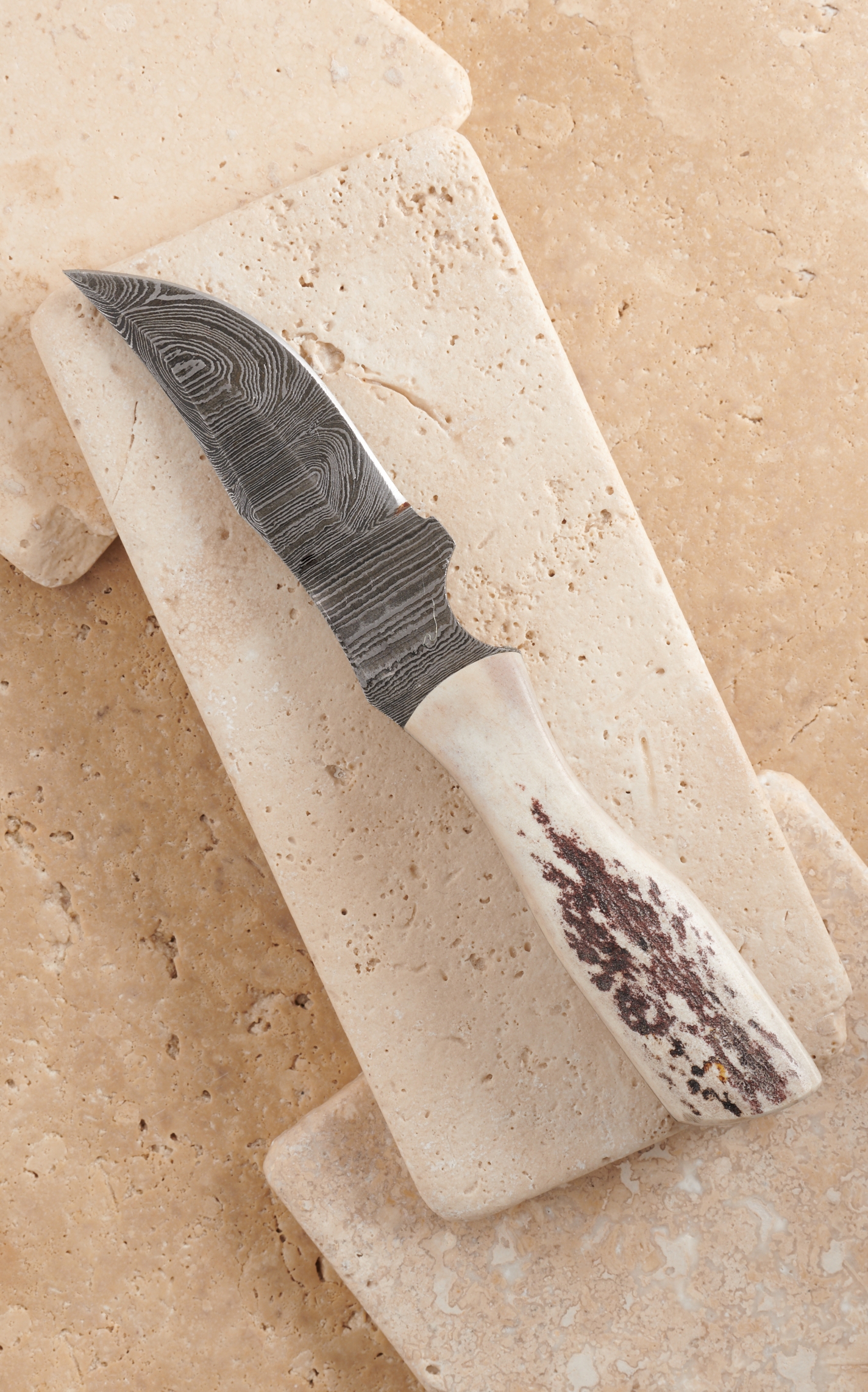 Circle SH Cutlery Damascus Blade and Natural Stag Horn Handle 6.25 Inch Knife with Leather Sheath - Image 1