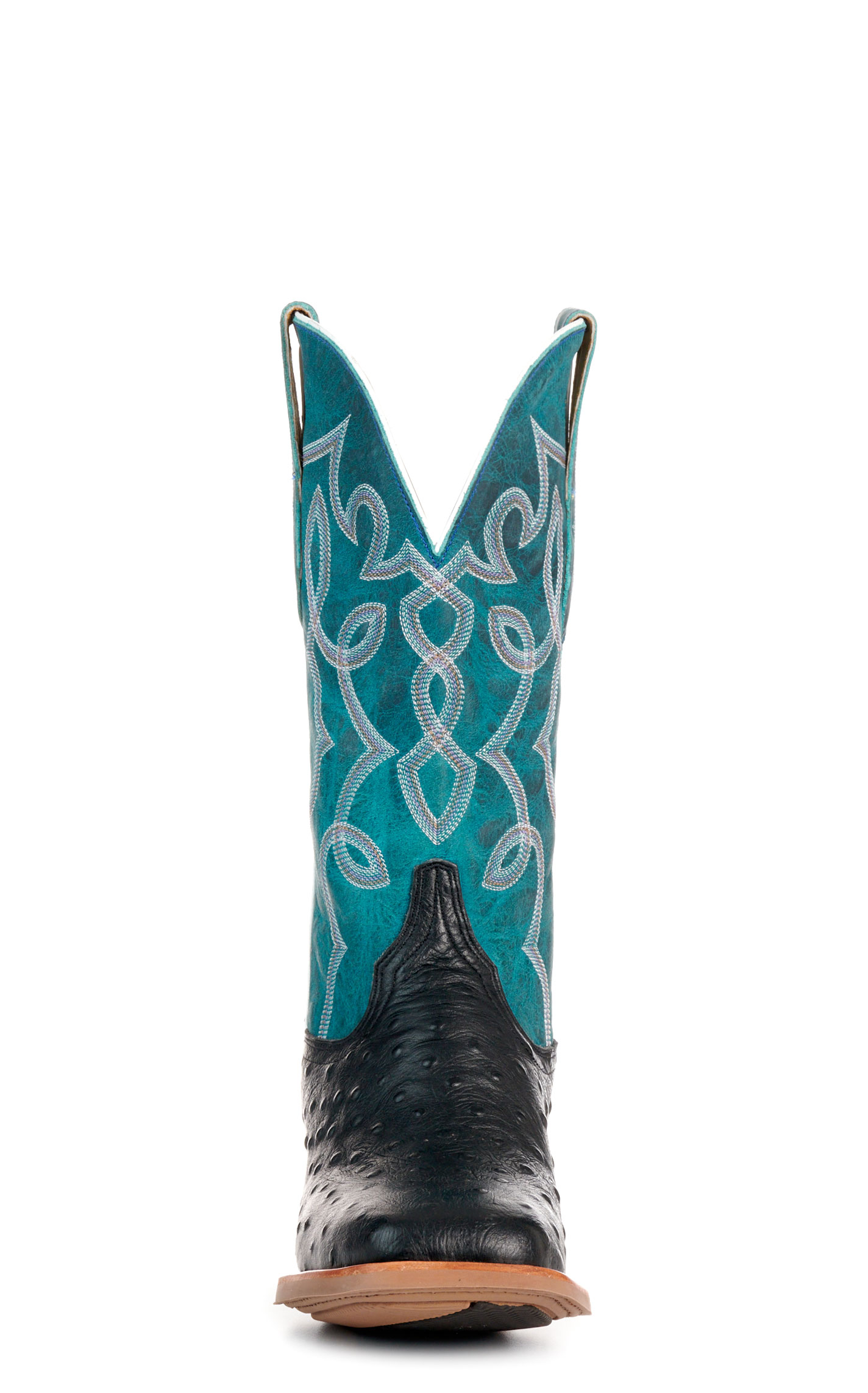 Cavender’s Women’s Intrepid Black Ostrich Print and Turquoise Wide Square Toe Cowboy Boots  - Image 1