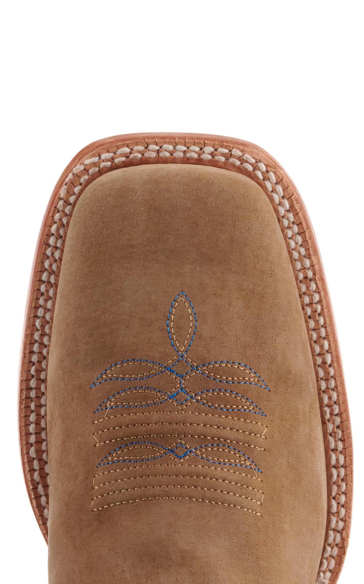 R. Watson Men's Cafe Brown Boar Hide and Azule Blue Wide Square Toe Cowboy Boots - Image 1