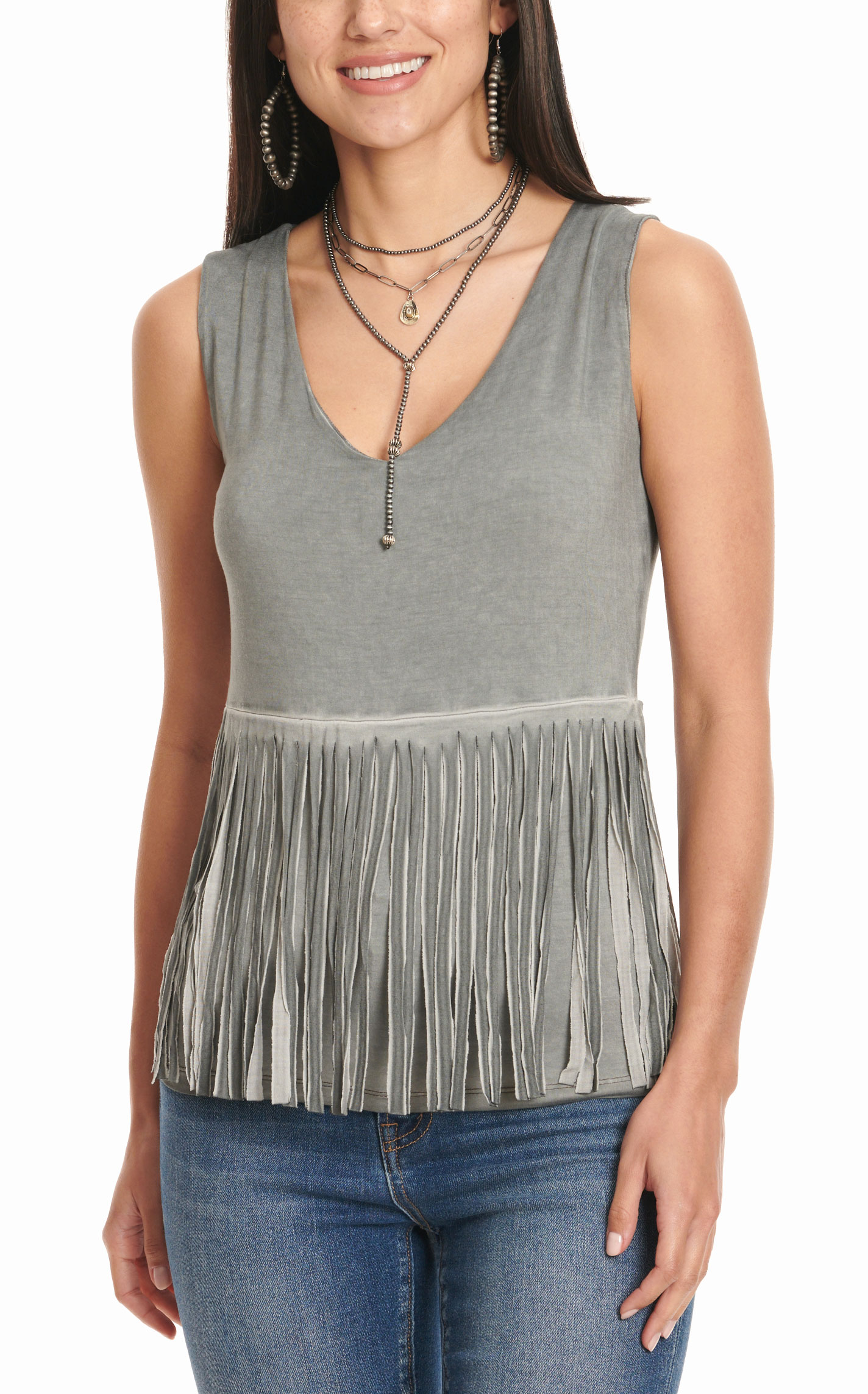 Cowgirl Hardware Women's Silvery Gray Fringed Tank Top - Image 1