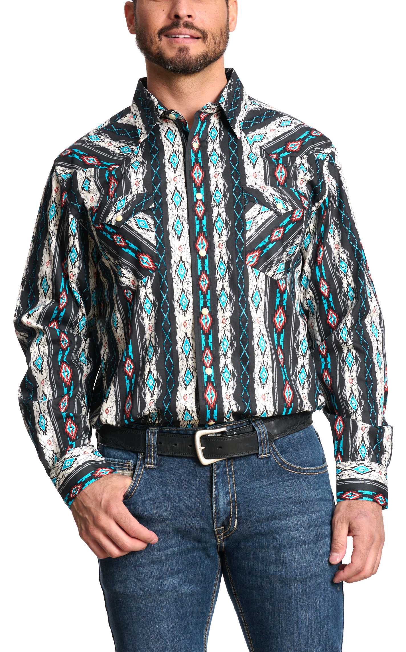 Panhandle Men's Black & Turquoise Aztec Western Shirt - Image 2