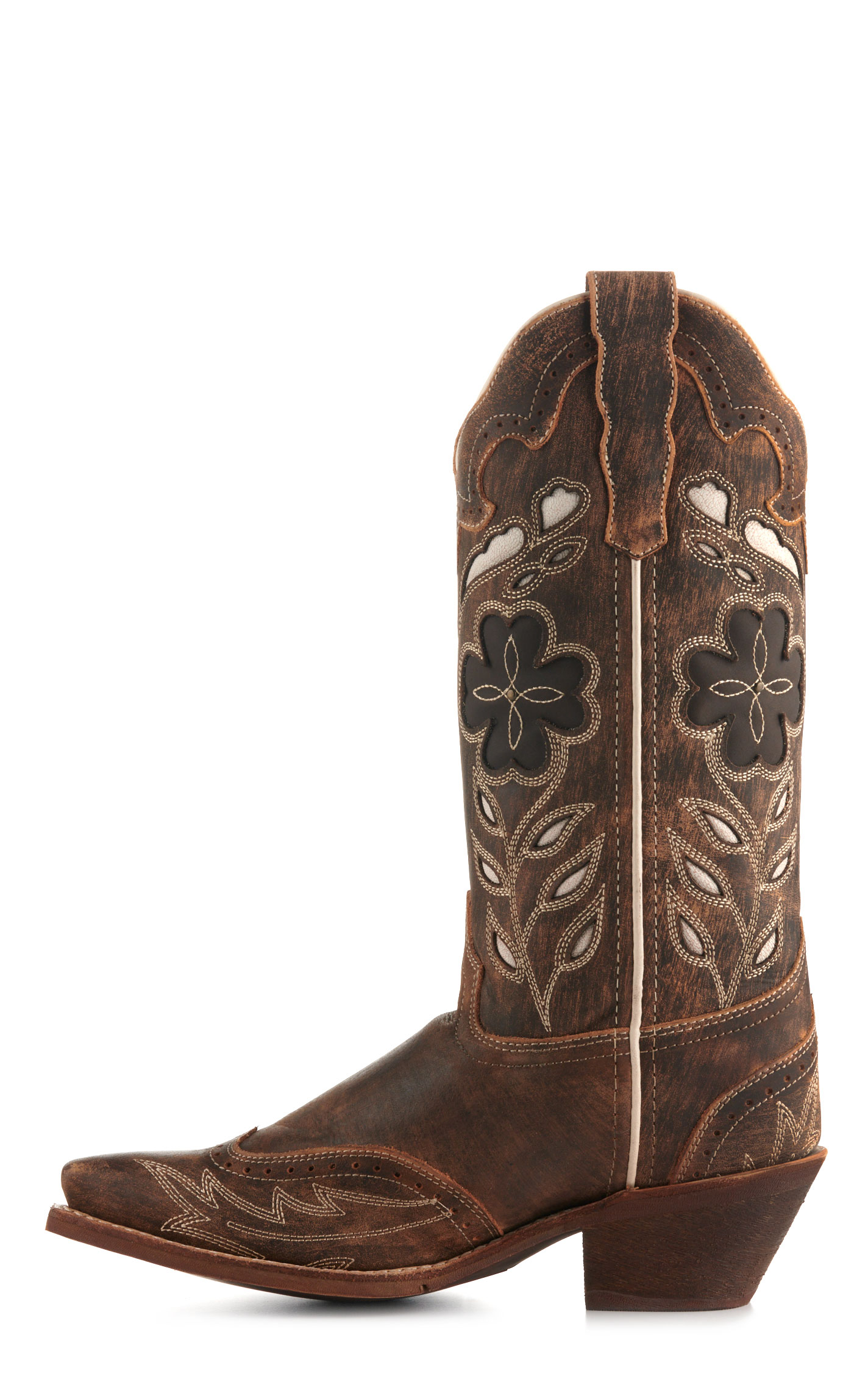 Laredo Women's Zuri Distressed Brown Floral Inlays Snip Toe Cowboy Boots - Image 1