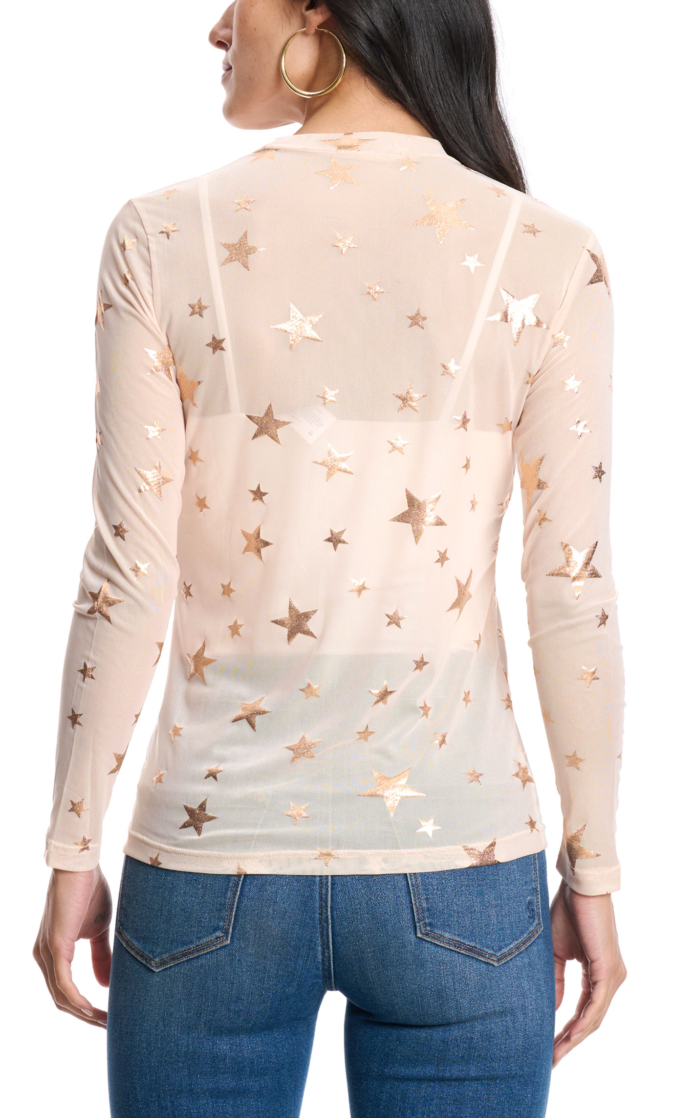 Turquoise Haven Women's Cream Rose Gold Star Fine Mesh Top - Image 1
