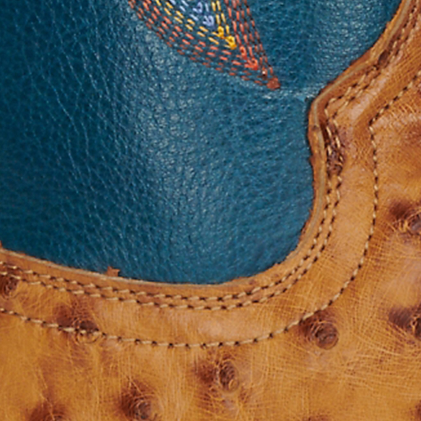 R Watson Men's Antique Saddle Full Quill Ostrich and Royal Blue Wide Square Toe Exotic Cowboy Boots - Image 1