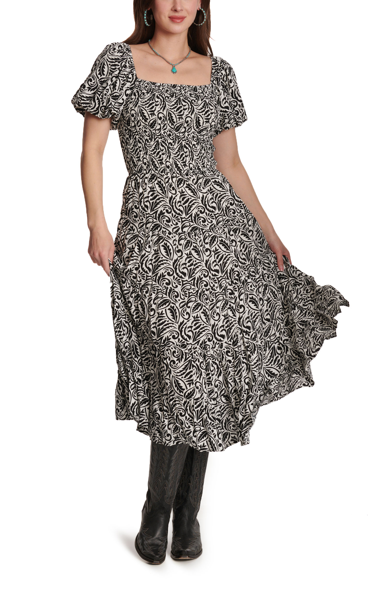 HYFVE Women's Black & White Western Print Smocked Dress - Image 3
