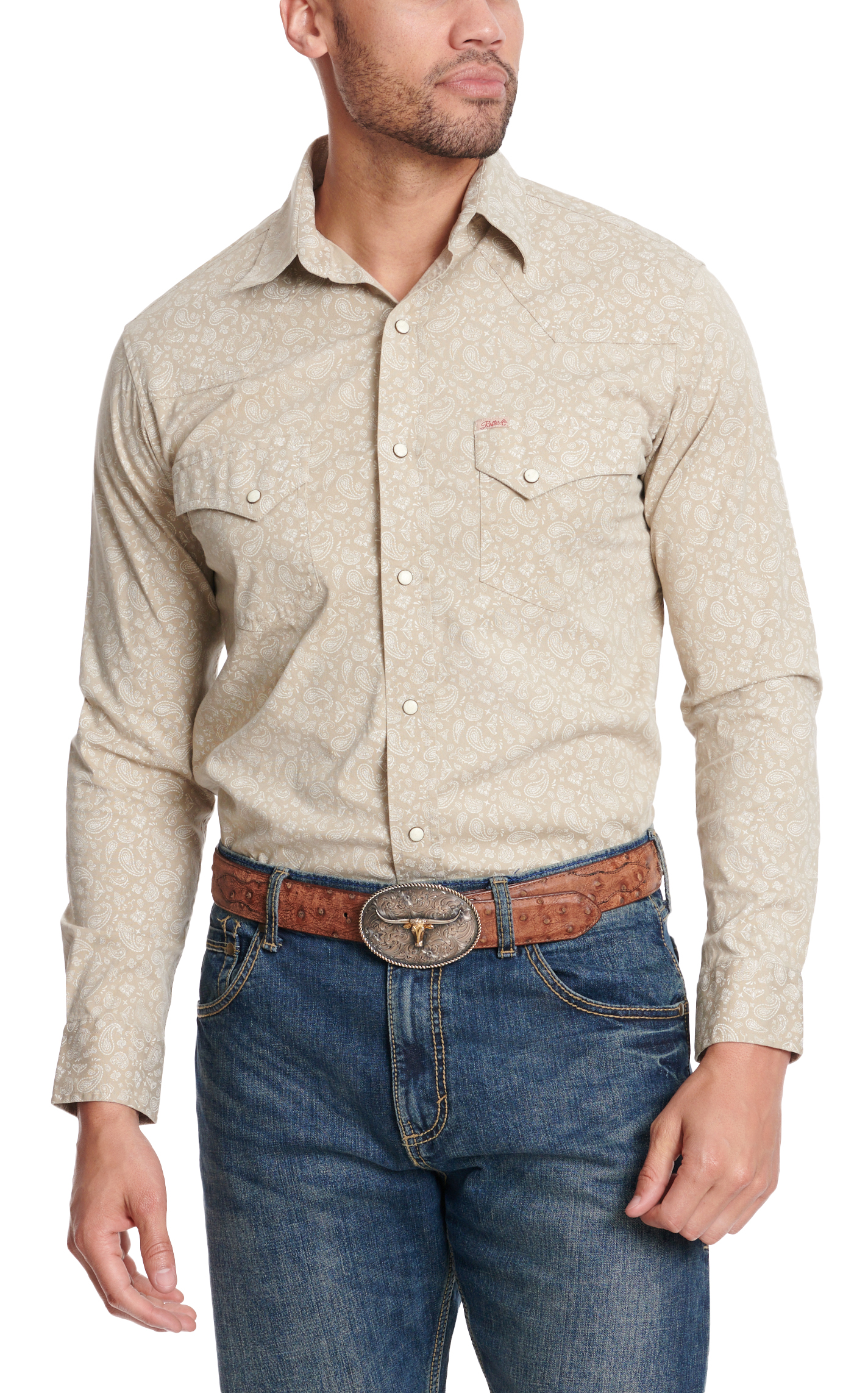 Rafter C Men's ProFlex45 Khaki & Cream Paisley Long Sleeve Western Shirt - Image 1