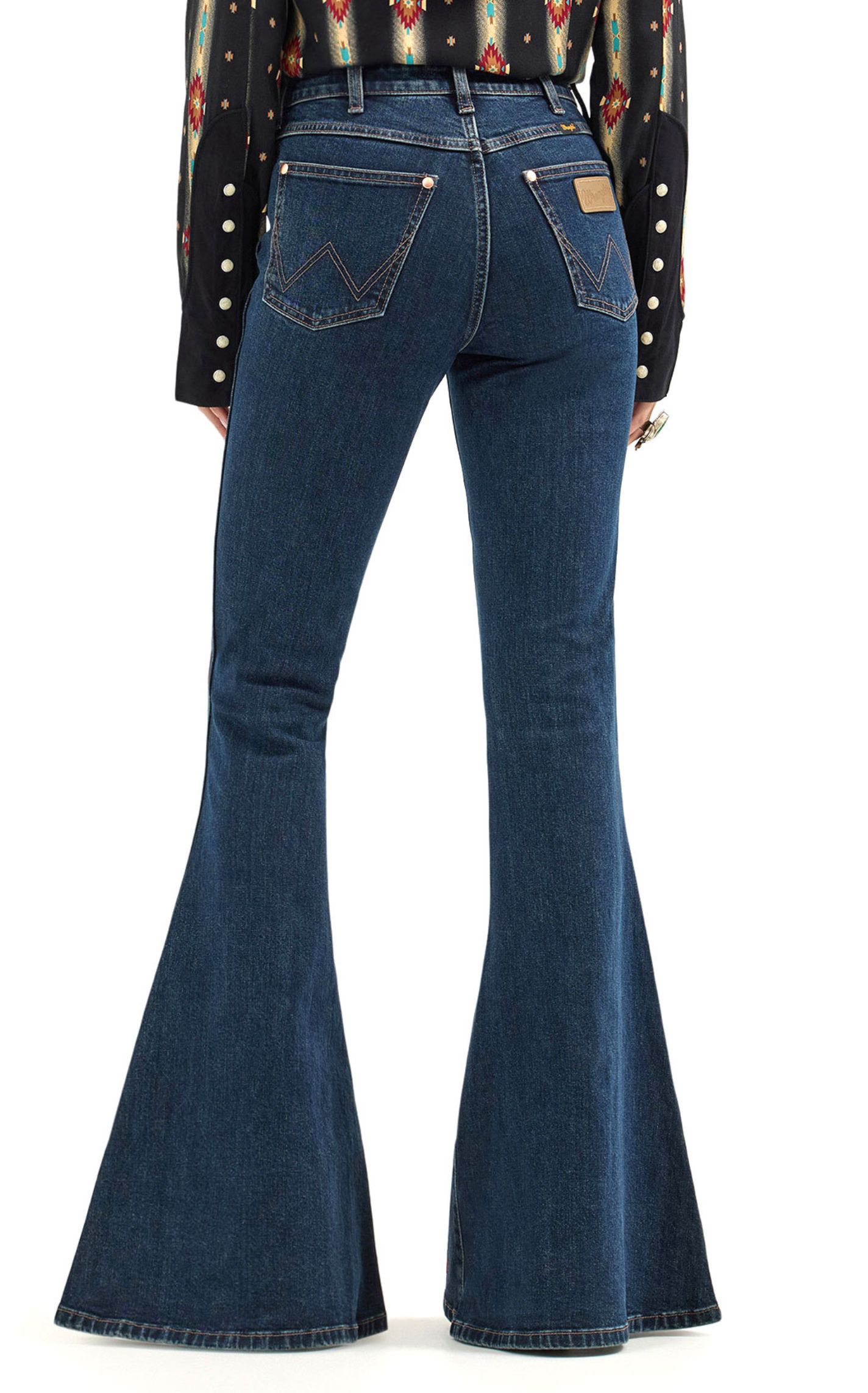 Wrangler X Lainey Wilson Women's Dark Wash Maroon Boot Stitch Bell Bottom Jeans - Image 1