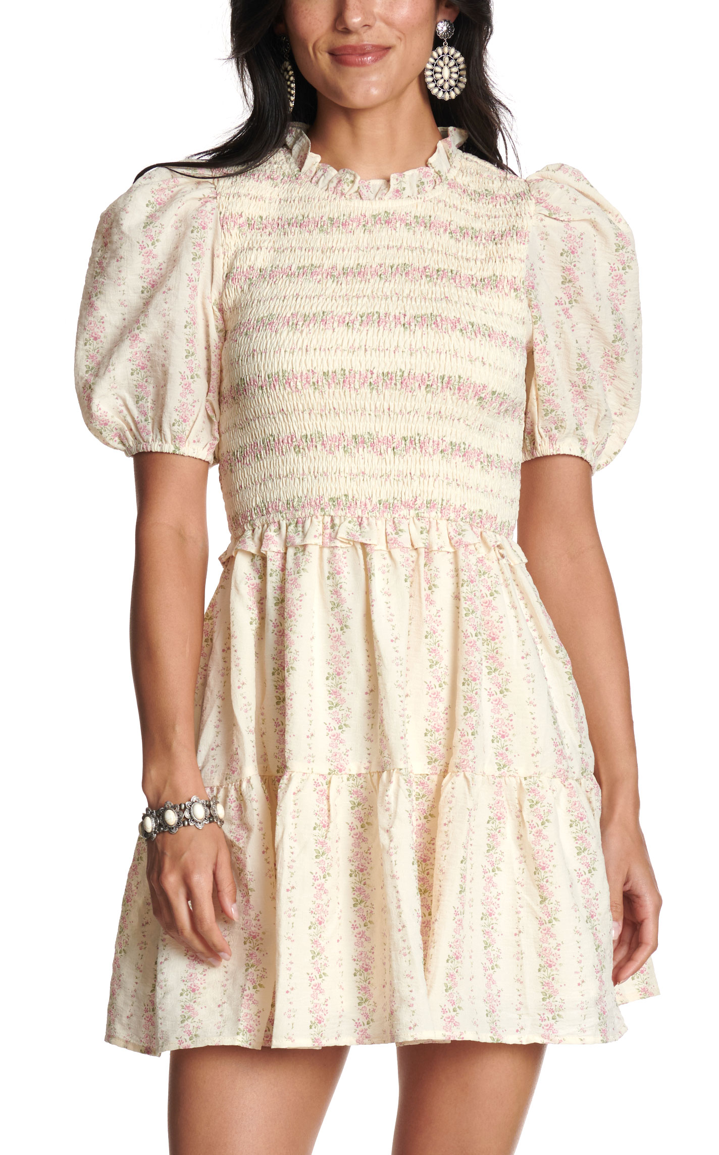 TCEC Women's Cream & Pink Floral Print Smocked Dress - Image 1