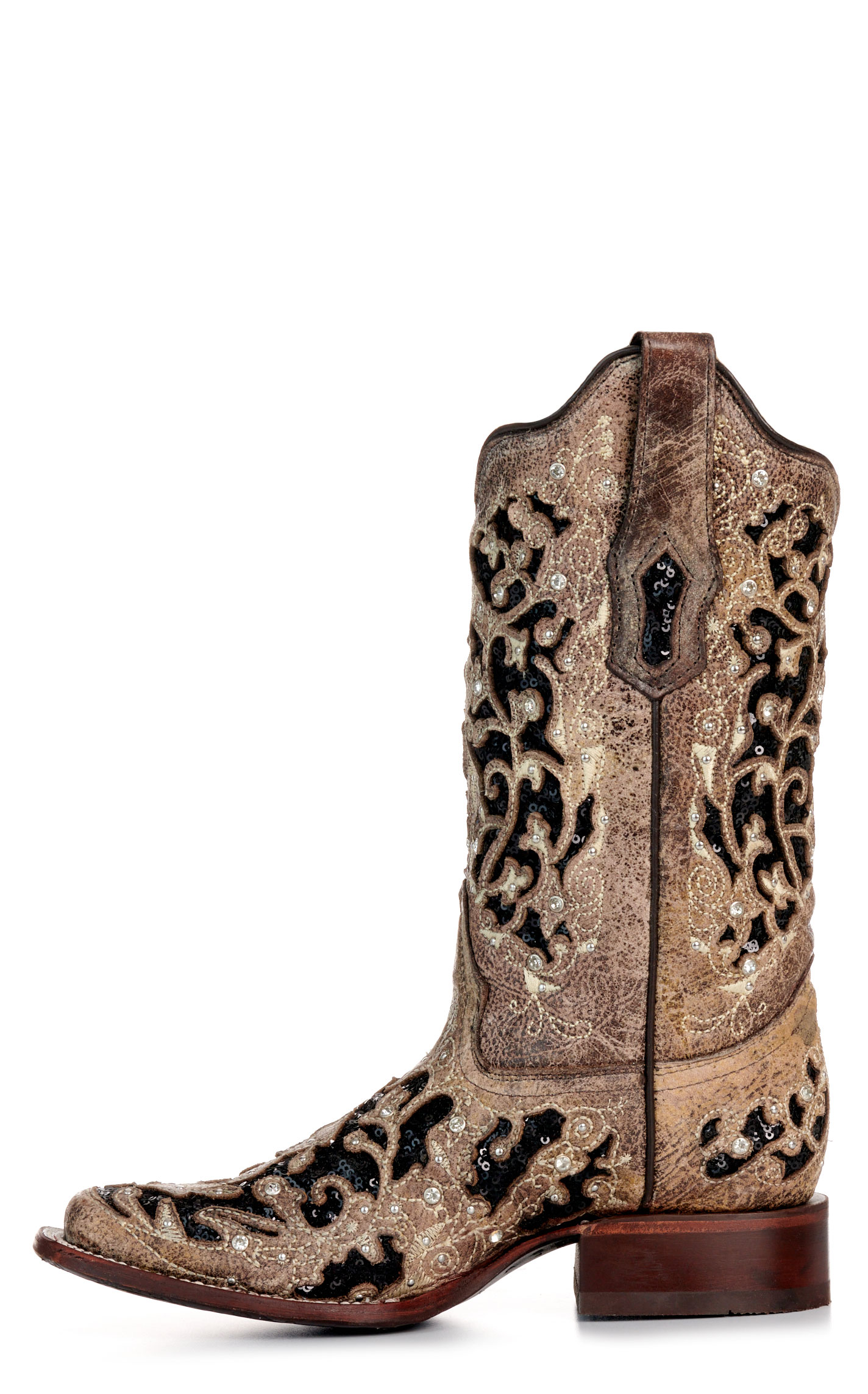 Corral Women's Brown with Black Glitter & Crystals Inlay Square Toe Cowboy Boots - Image 1
