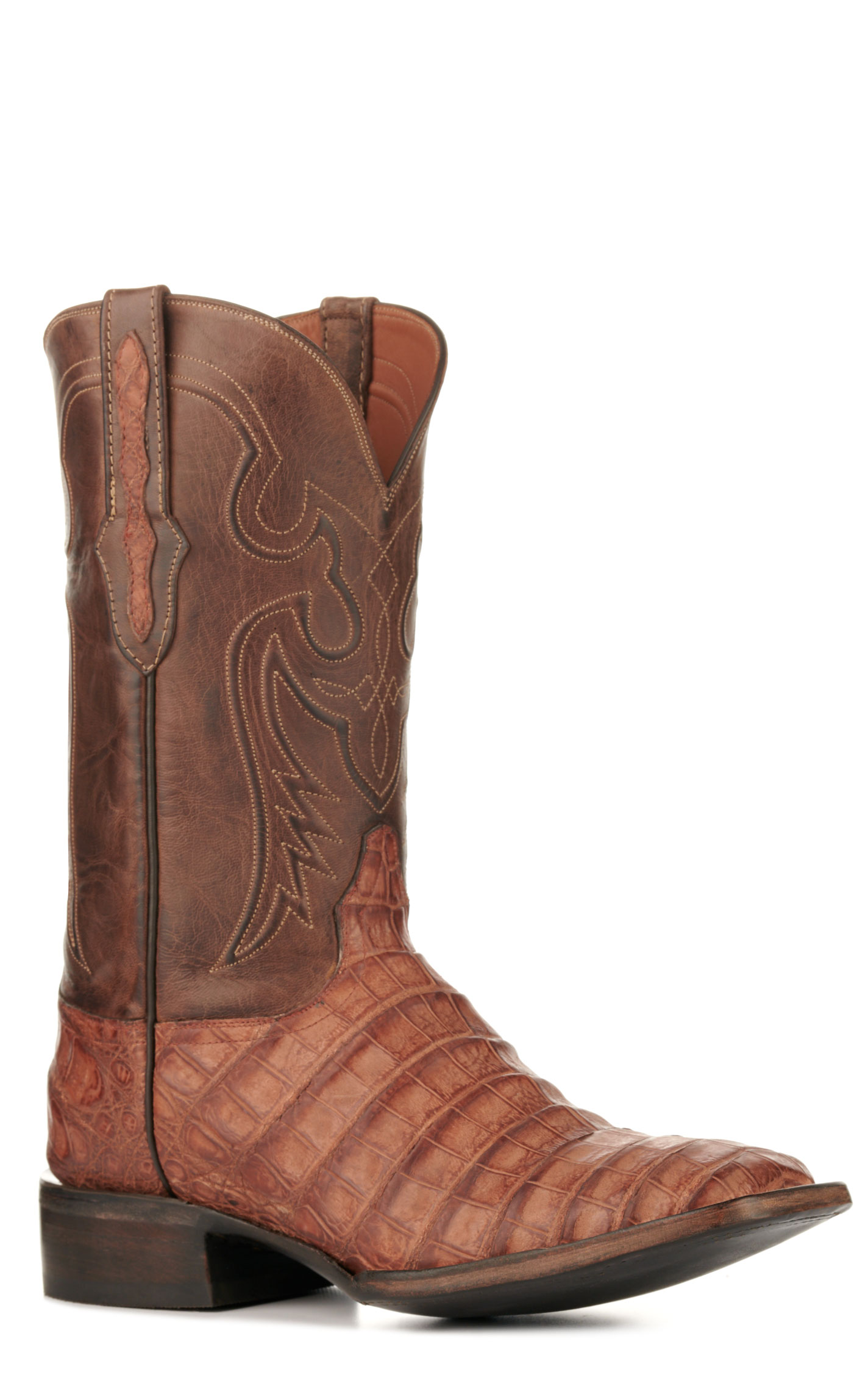 Black Jack Men's Burnished Barnwood and Brown Caiman Belly Wide Square Toe Exotic Cowboy Boots - Image 1