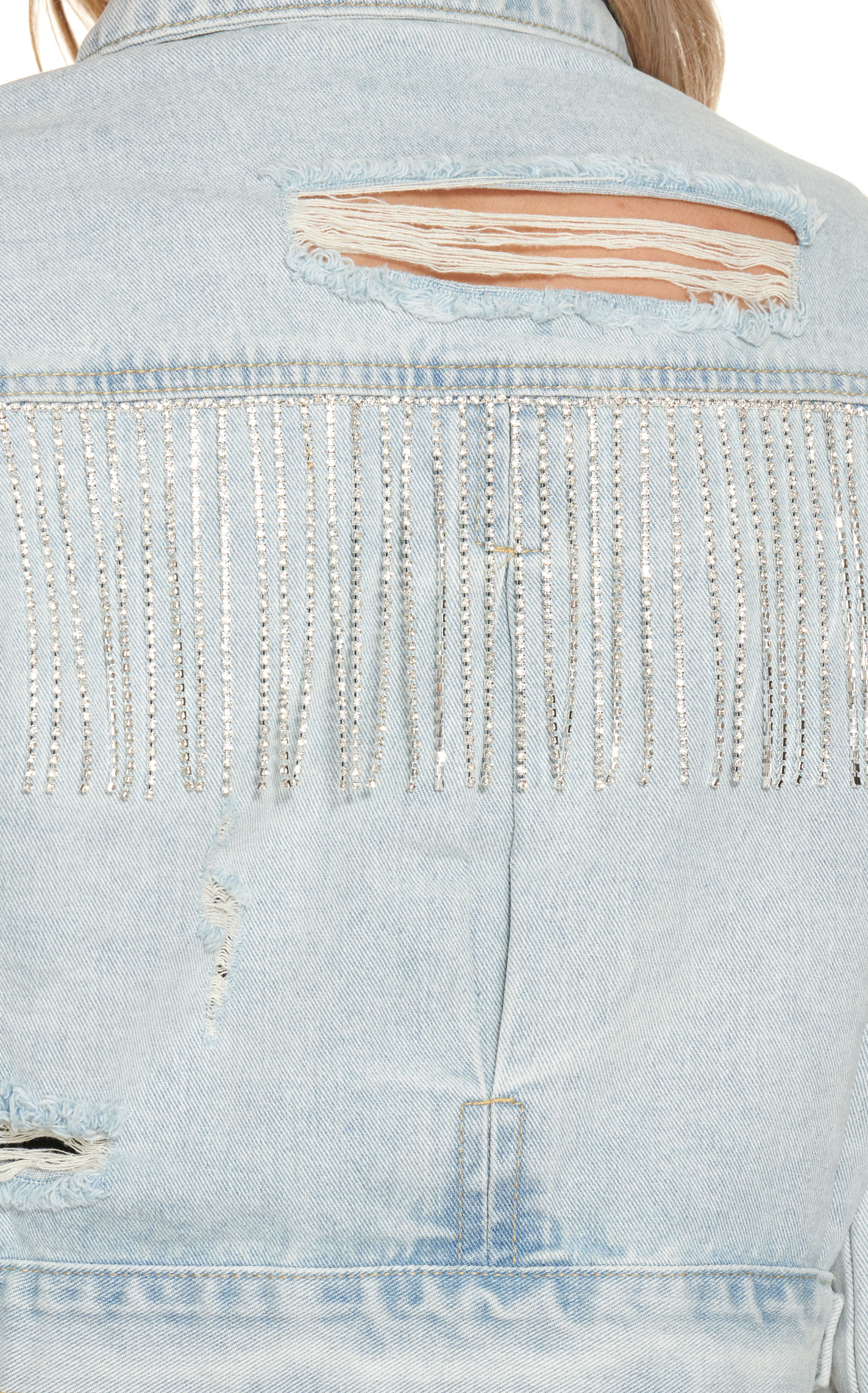 Blue B Women's Light Blue Distressed Rhinestone Fringed Cropped Denim Jacket - Image 1