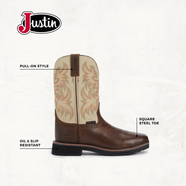 Justin Men's Stampede Driller Rich Brown and Ivory Square Steel Toe Work Boot - Image 1