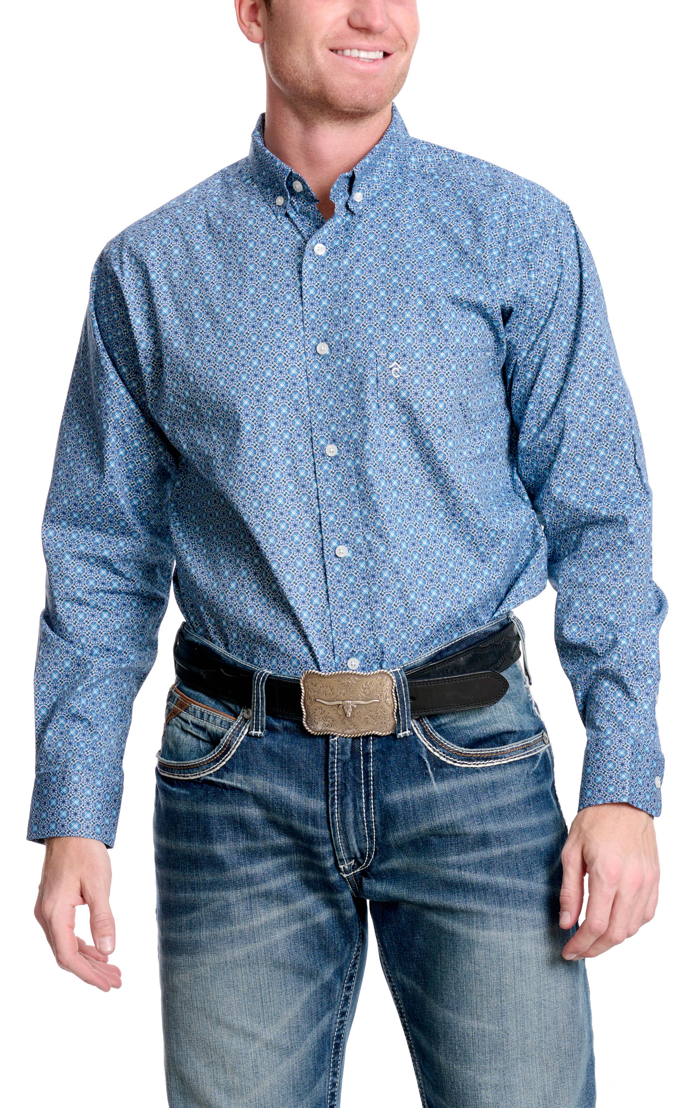 Rafter C Men's ProFlex45 Blue Medallion Print Western Shirt - Image 1