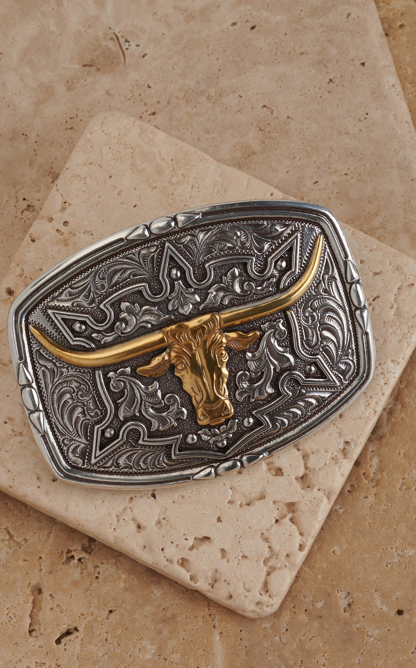 M&F Western Products Gold Steer with Silver Etched Rectangular Belt Buckle - Image 1