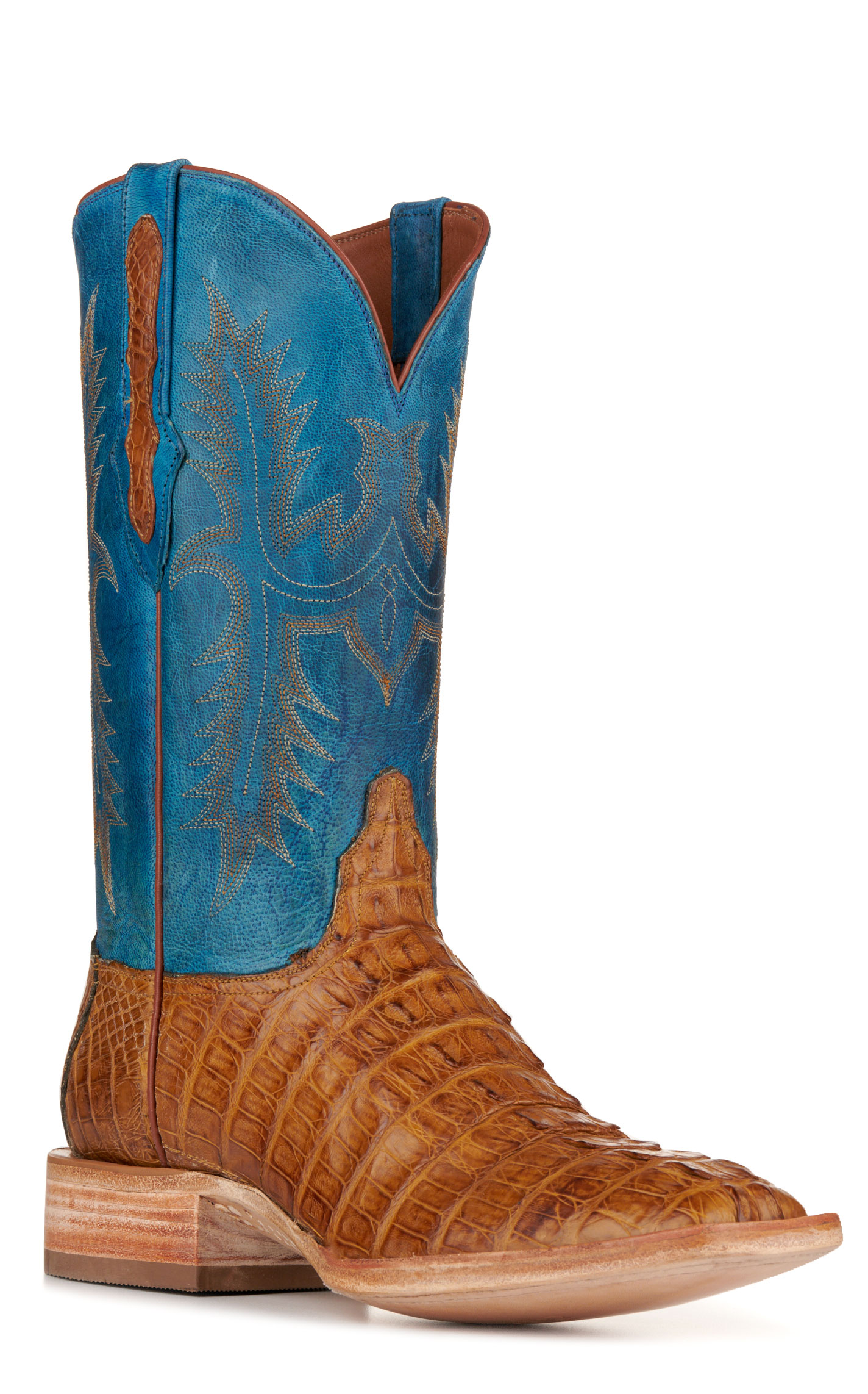 Black Jack Men's Blue and Cognac Caiman Tail Wide Square Toe Exotic Cowboy Boots - Image 1