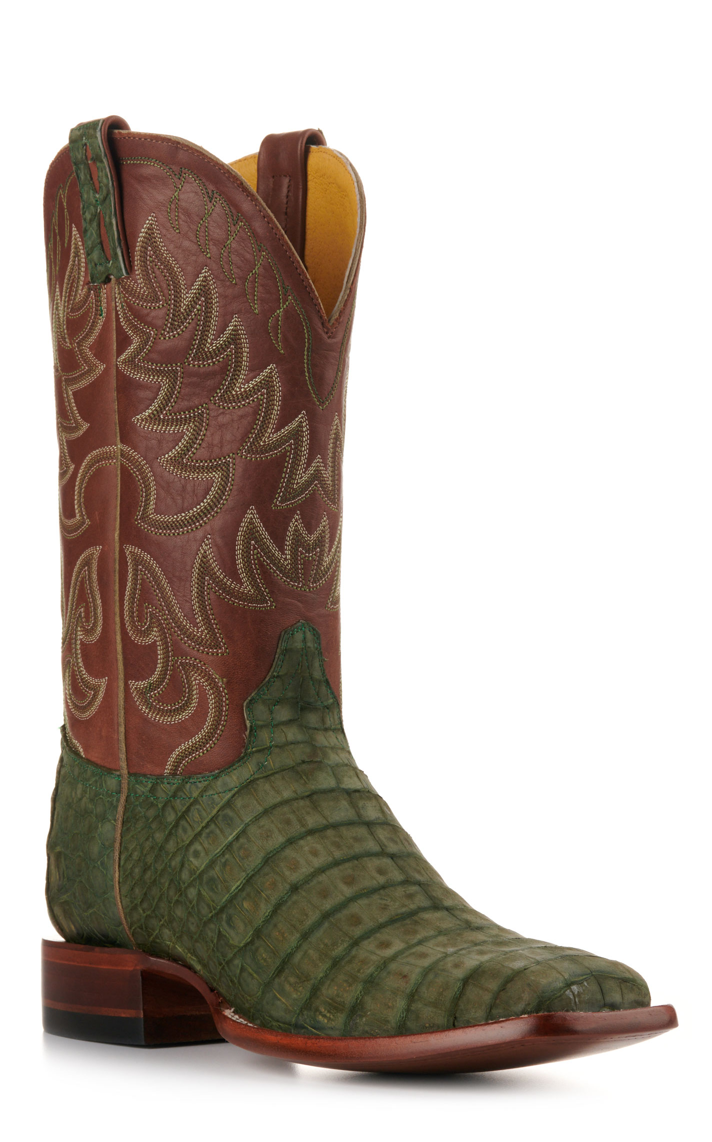 Cavender's Men's Brown and Green Sueded Caiman Wide Square Toe Exotic Cowboy Boots - Image 1