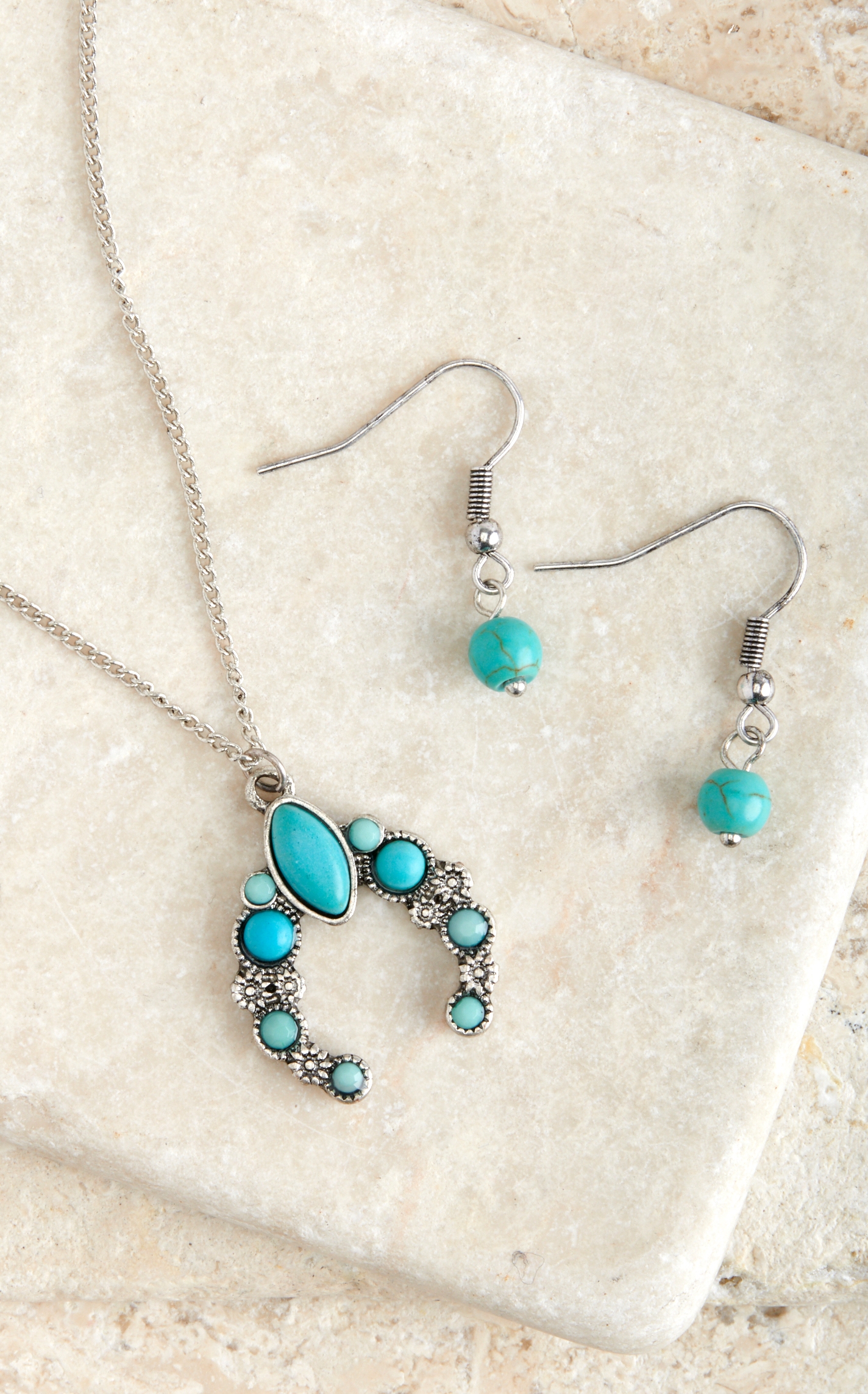 Blazin Roxx Silver and Turquoise Squash Blossom Necklace and Earring Set - Image 1