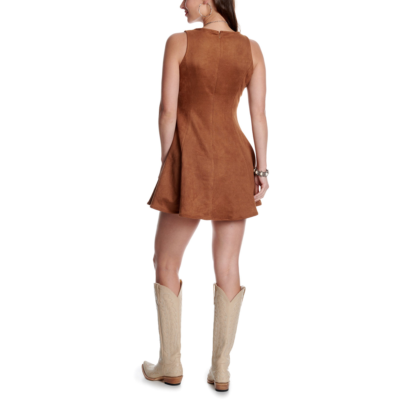 HYFVE Solid Camel Fit & Flare Faux Suede Sleeveless Dress - Image 1