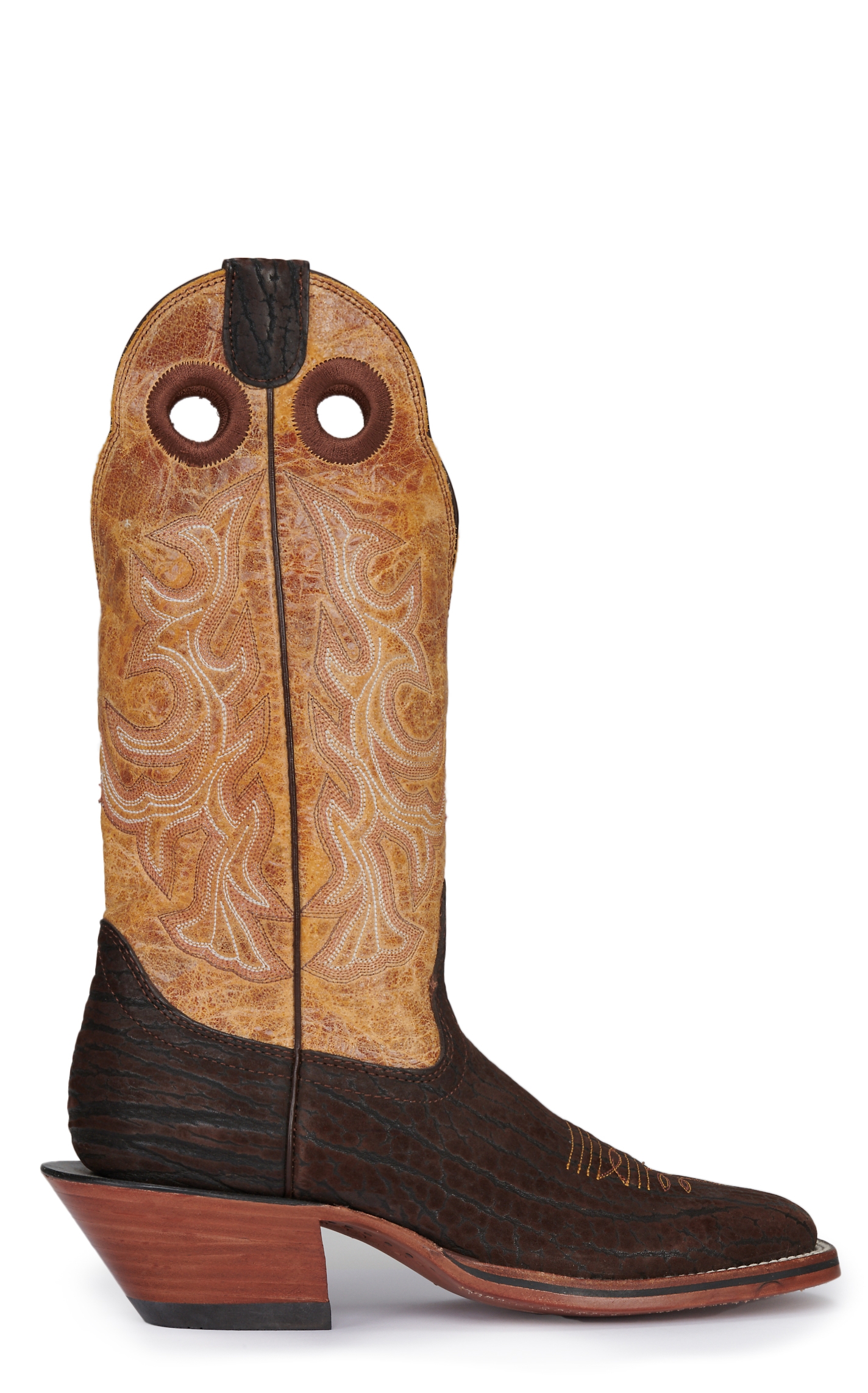 Hondo Men's Chocolate Nubuck Bullhide and Tan Wide Square Toe Cowboy Boots - Image 1