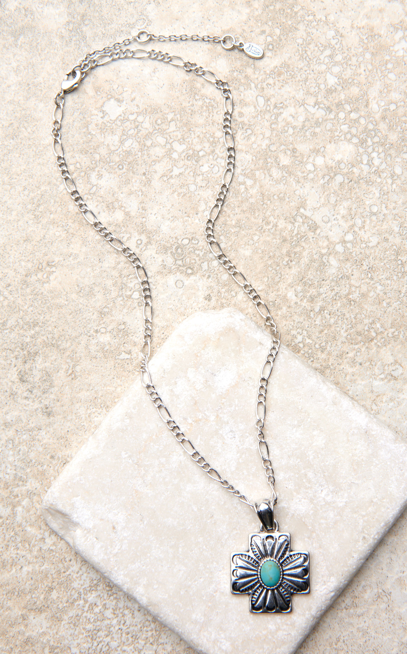 Justin Silver Square Cross Turquoise Pendant Necklace - Image 2