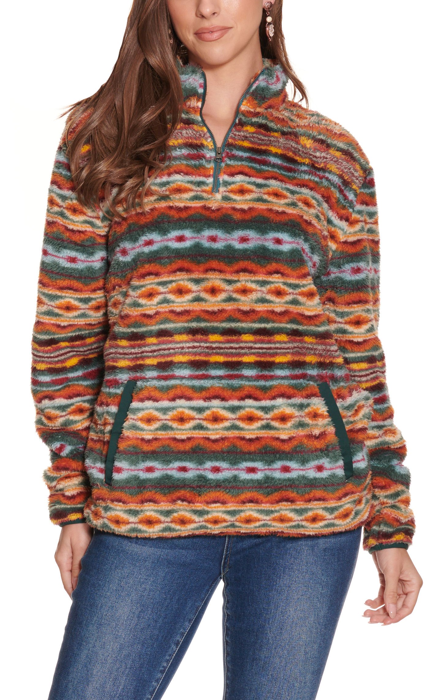 Rockin C Women's Dark Teal Orange Burgundy Print 1/4 Zip Long Sleeve Fleece Pullover - Image 1