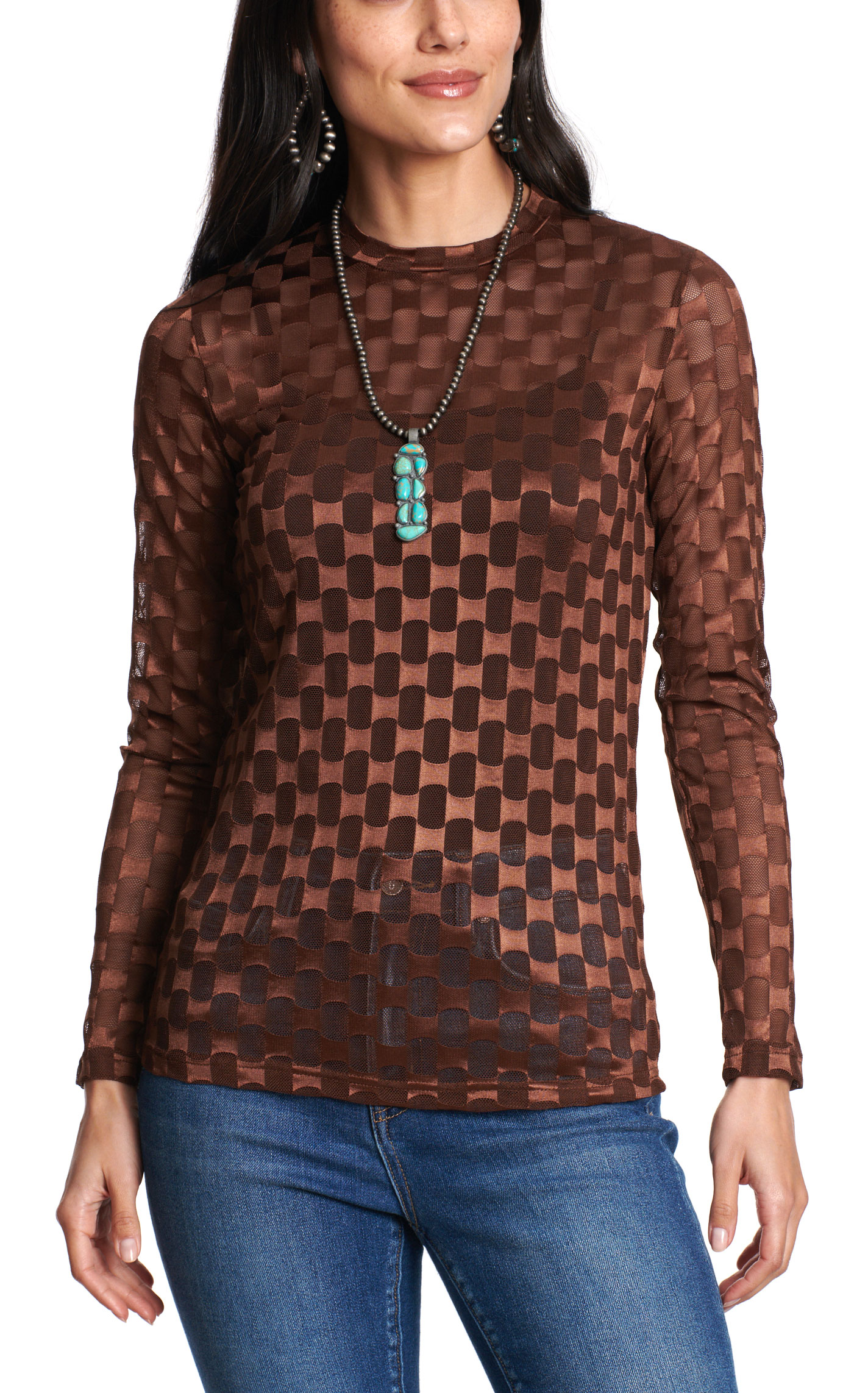Marigold Kiss Women's Coppery Brown Checker Print Mesh Top - Image 1
