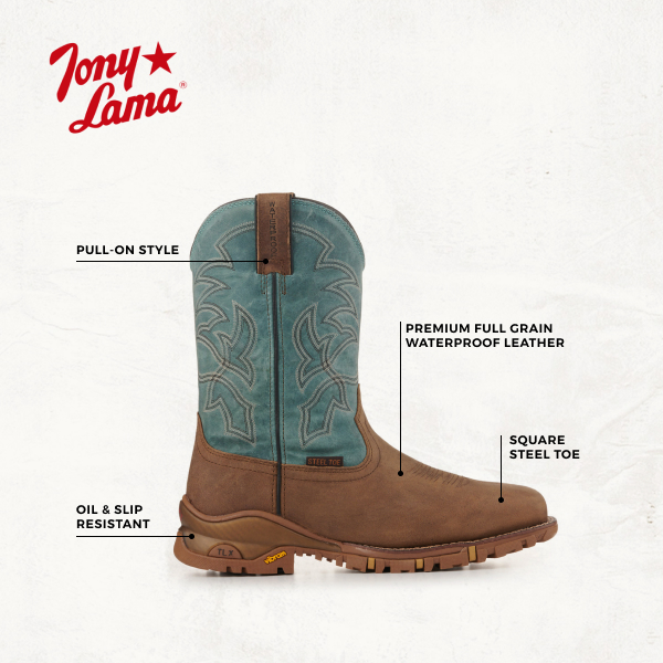 Tony Lama Men's Ash Gray and Mineral Blue Wide Square Steel Toe Work Boot - Image 1