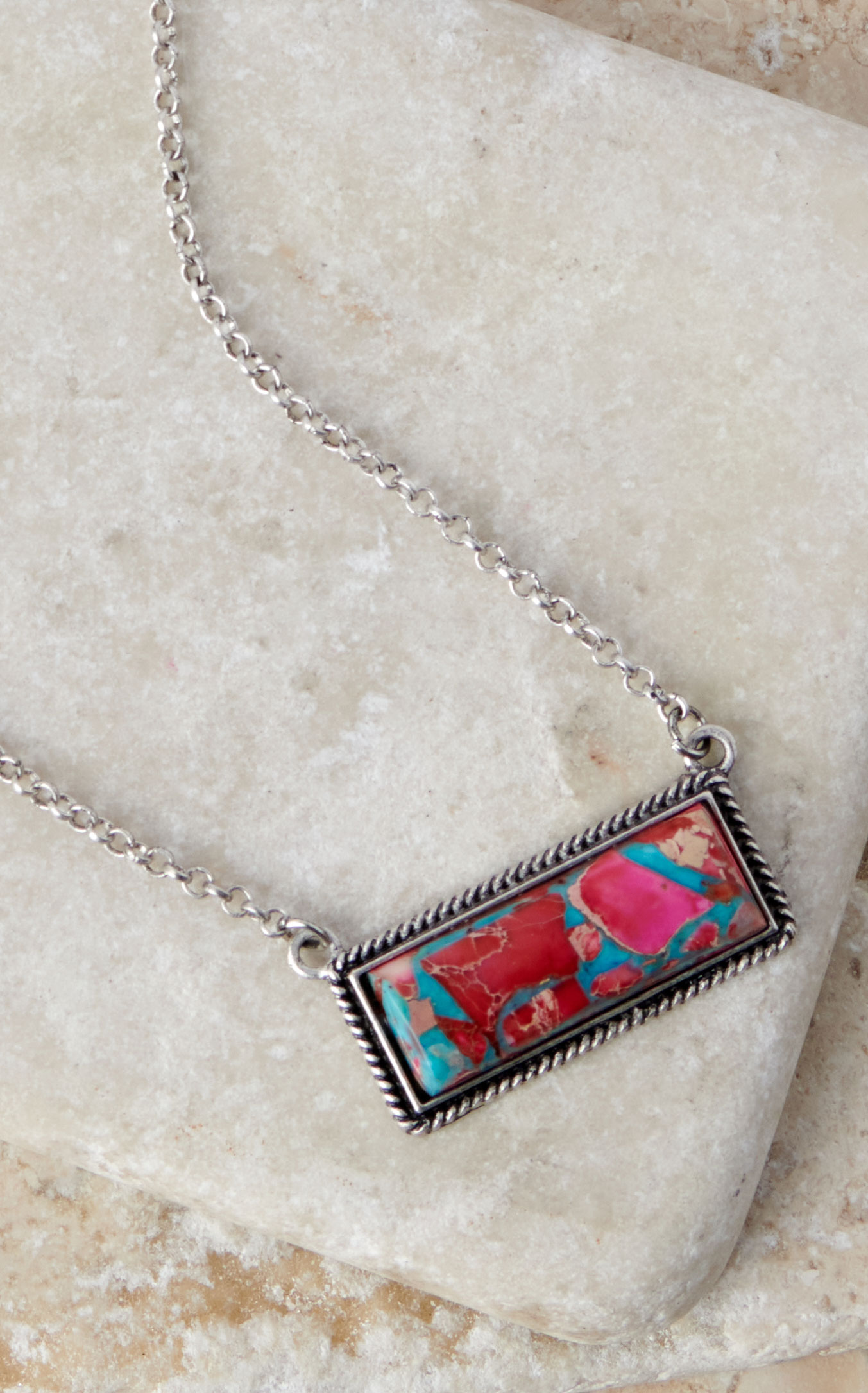 Rockin’ C Silver Chain Turquoise & Roses Rectangle Bar Pendant Necklace - Image 1