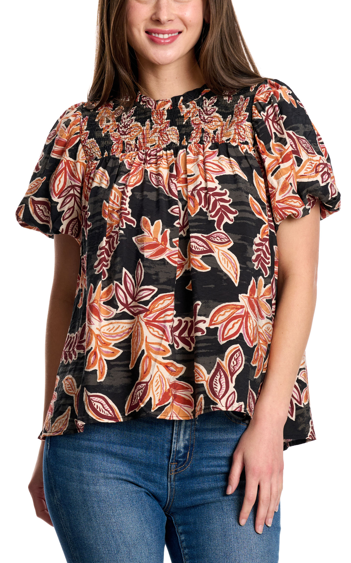 TCEC Women's Black & Sunset Floral Smocked Top - Image 1