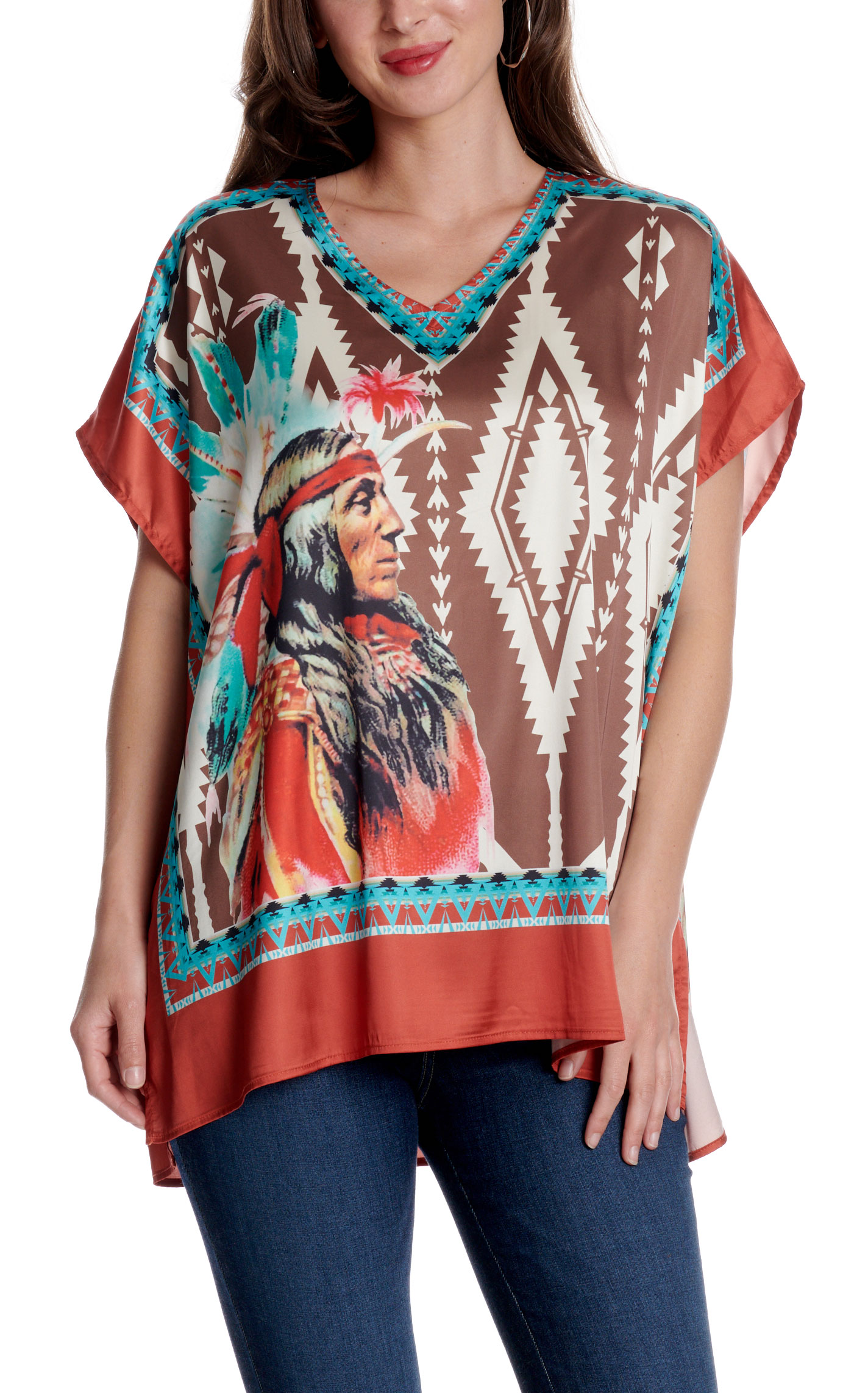 Fashion Express Women's Brown & Coral Native American Print Top - Image 1