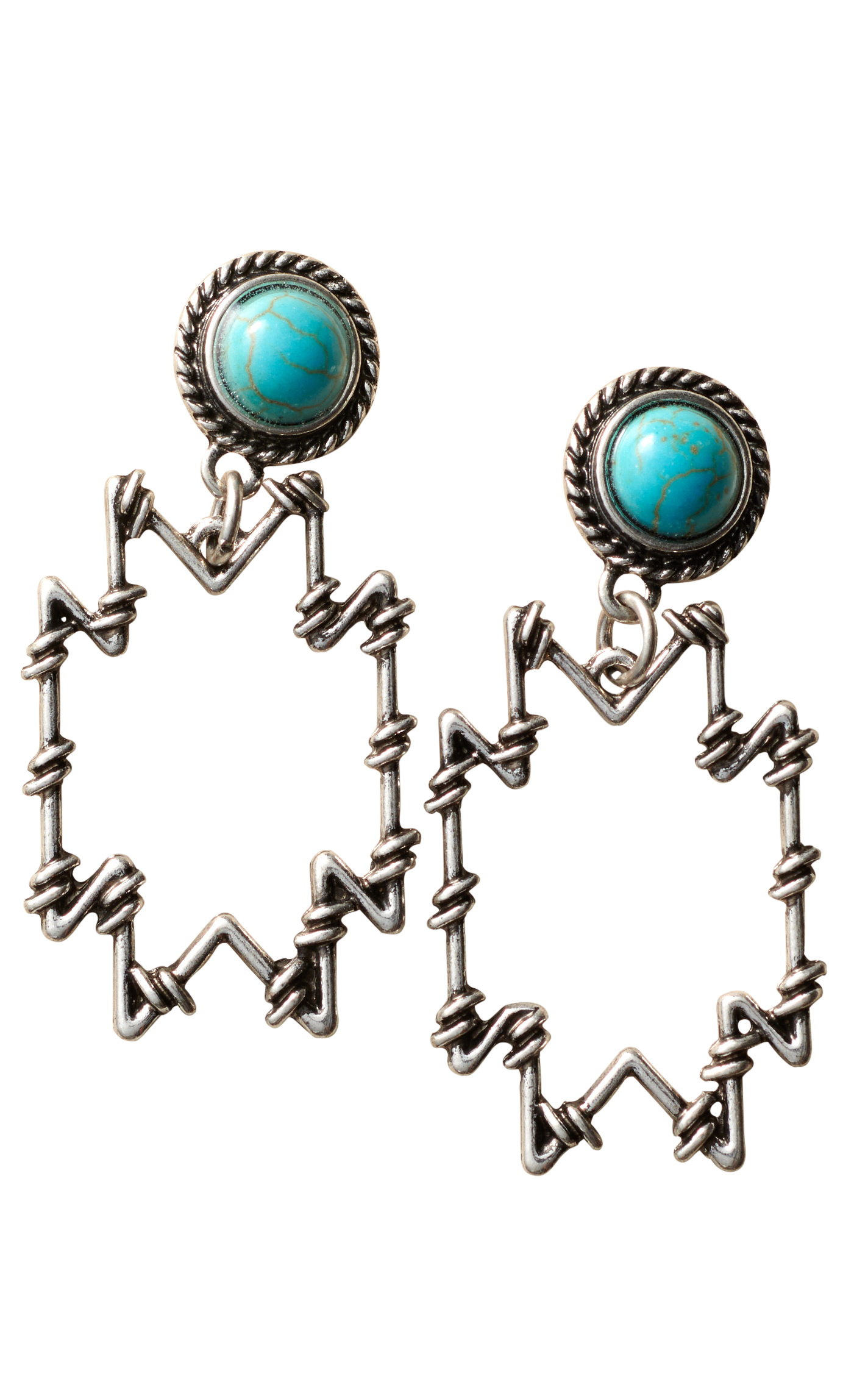 806 by Pink Panache Turquoise & Silver Barbed Wire Earrings - Image 1