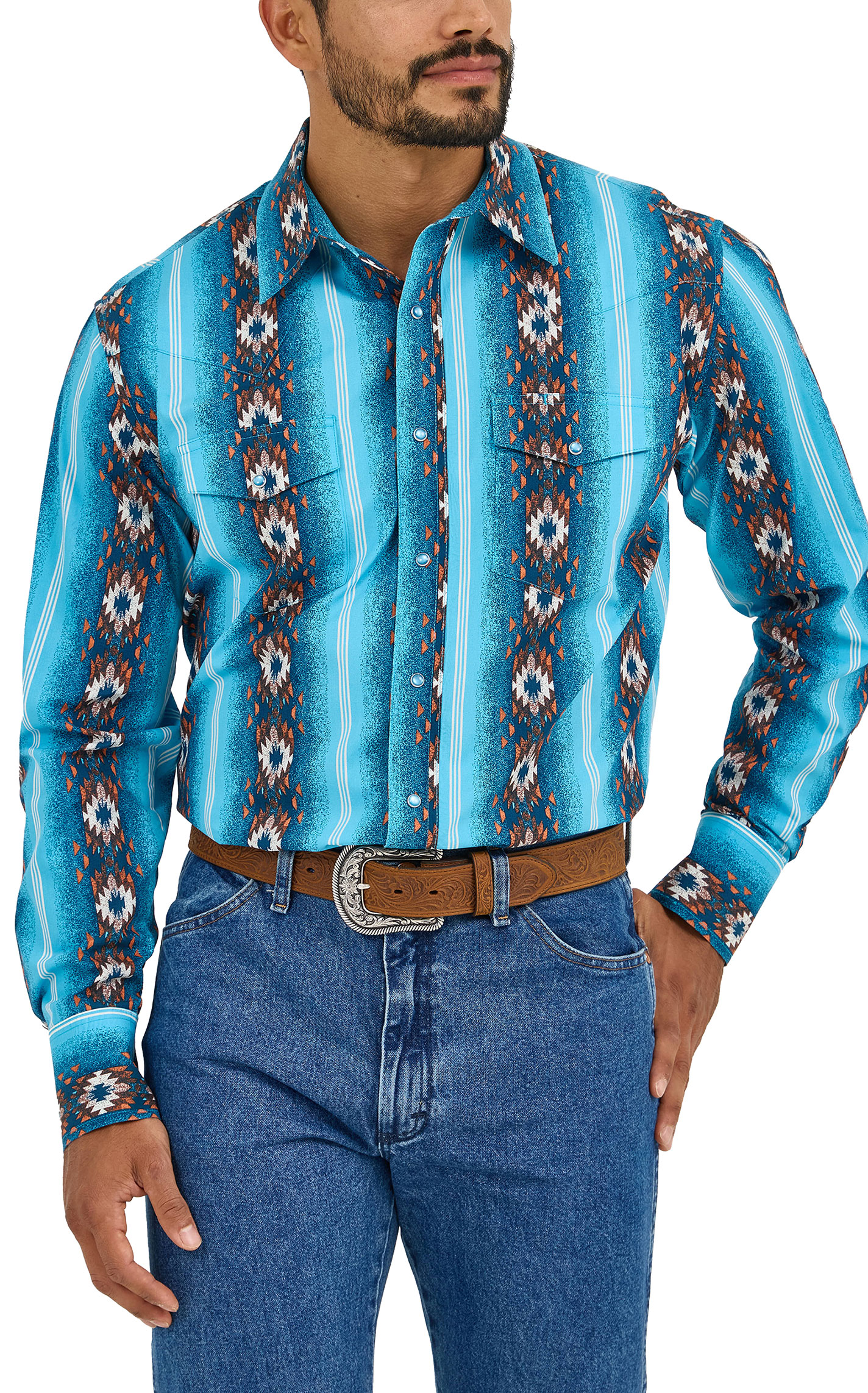 Checotah Men's Blue Aztec Stripe Western Shirt - Image 1