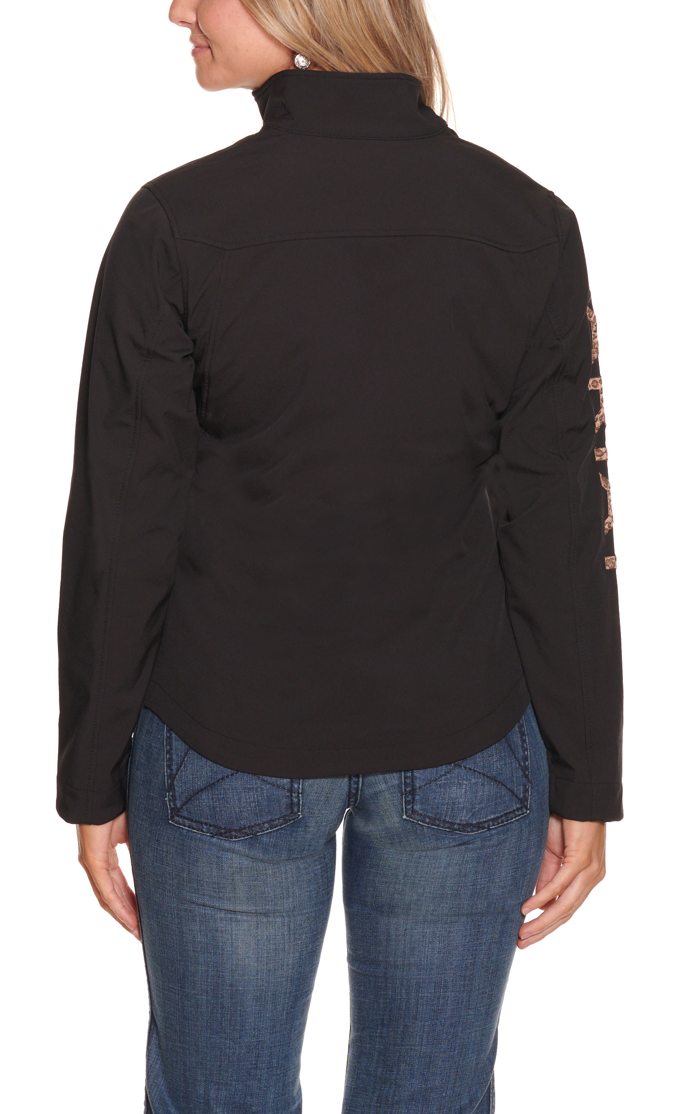 Ariat Women's Black with Leopard Print Logo Sleeve New Team Softshell Jacket - Image 1