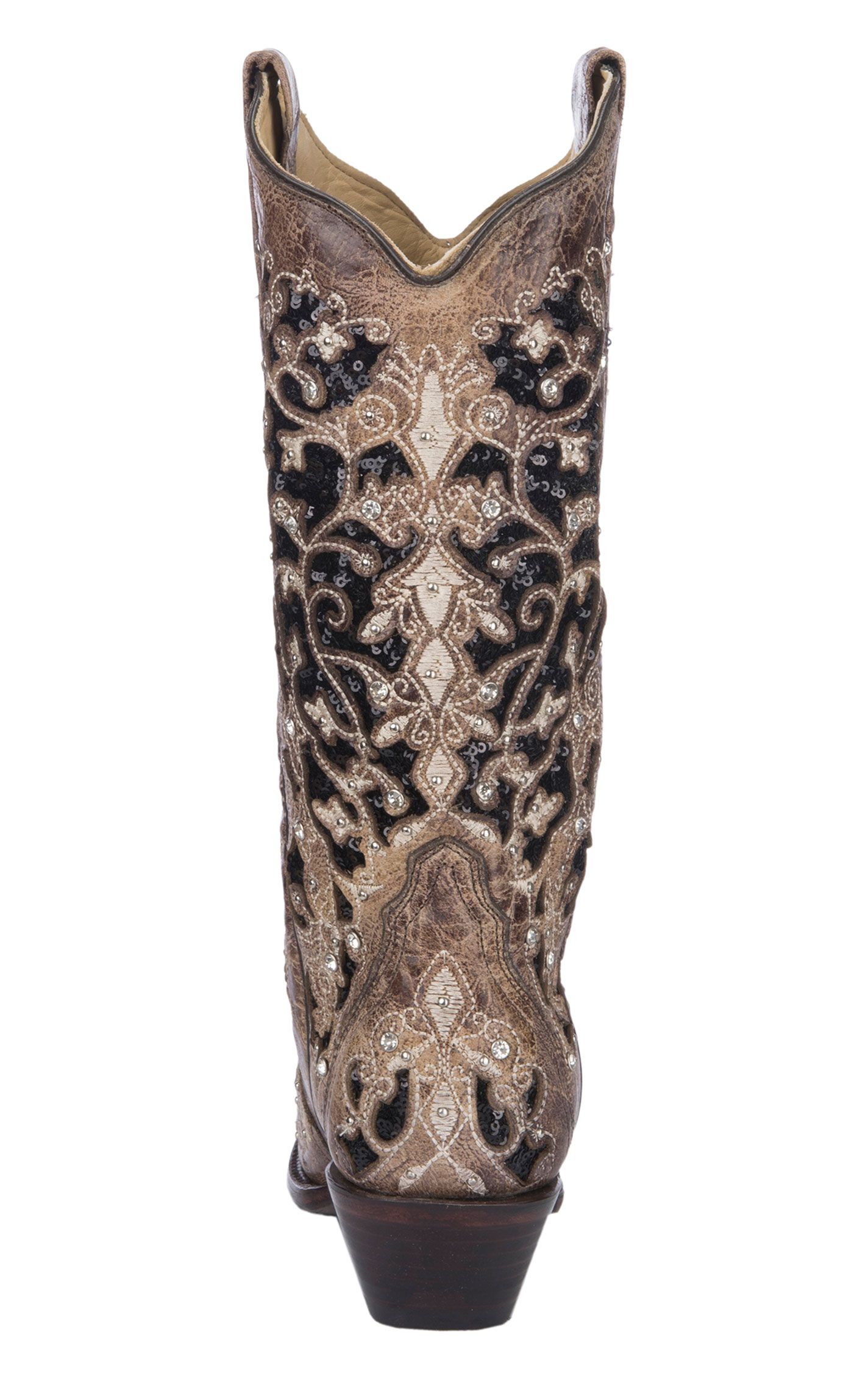 Corral Women's Brown & Black Sequin Inlay with Embroidery & Studs Cowboy Snip Toe Boots - Image 1