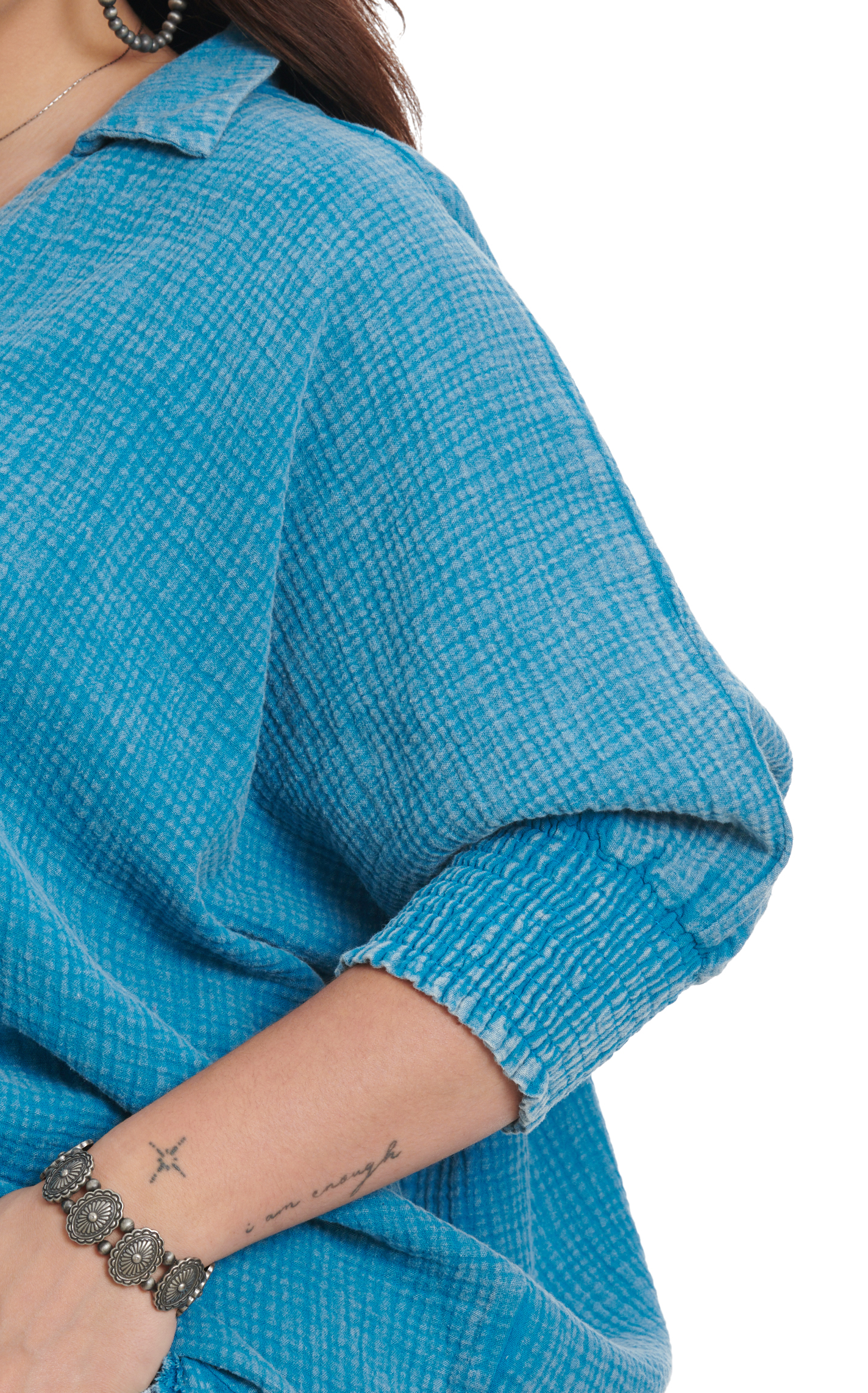 Umgee Women's Textured Blue Smocked Sleeve Top - Plus Sizes - Image 1