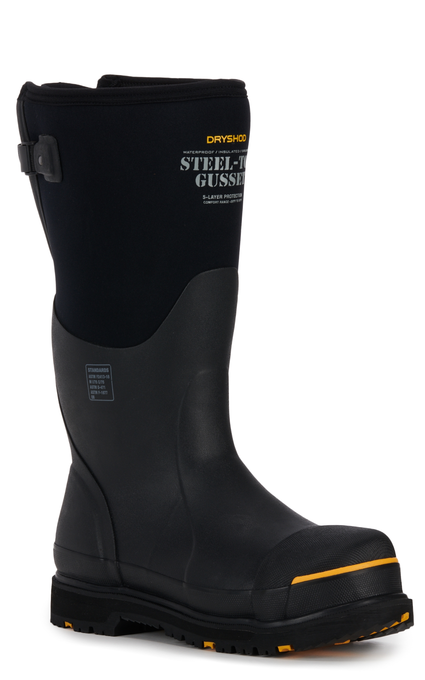 Dryshod Men's Black and Yellow Adjustable Gusset Round Steel-Toe Rubber Work Boot - Image 1