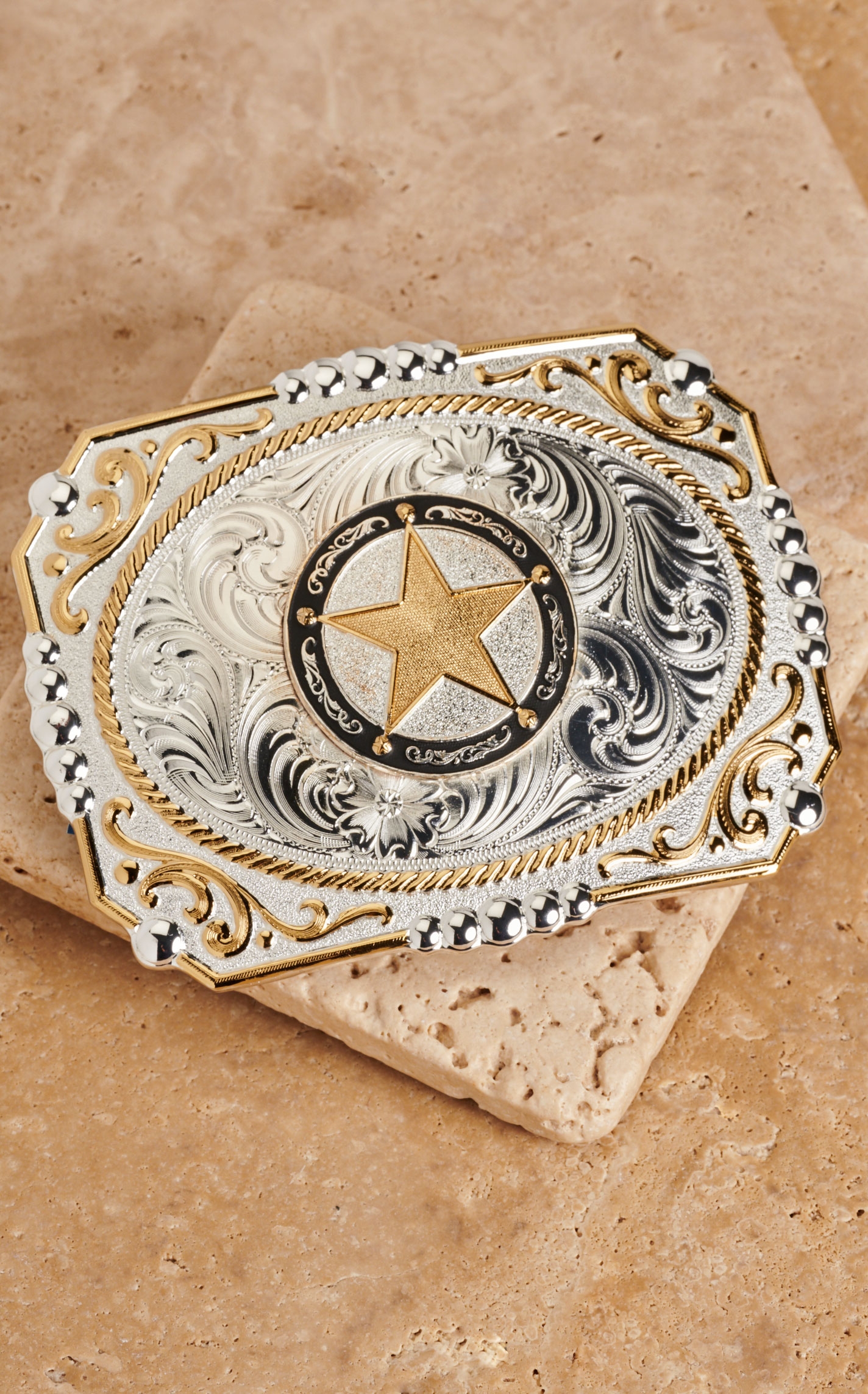 Montana Silversmiths Two Tone Cowboy Cameo Antiqued Star Belt Buckle - Image 1