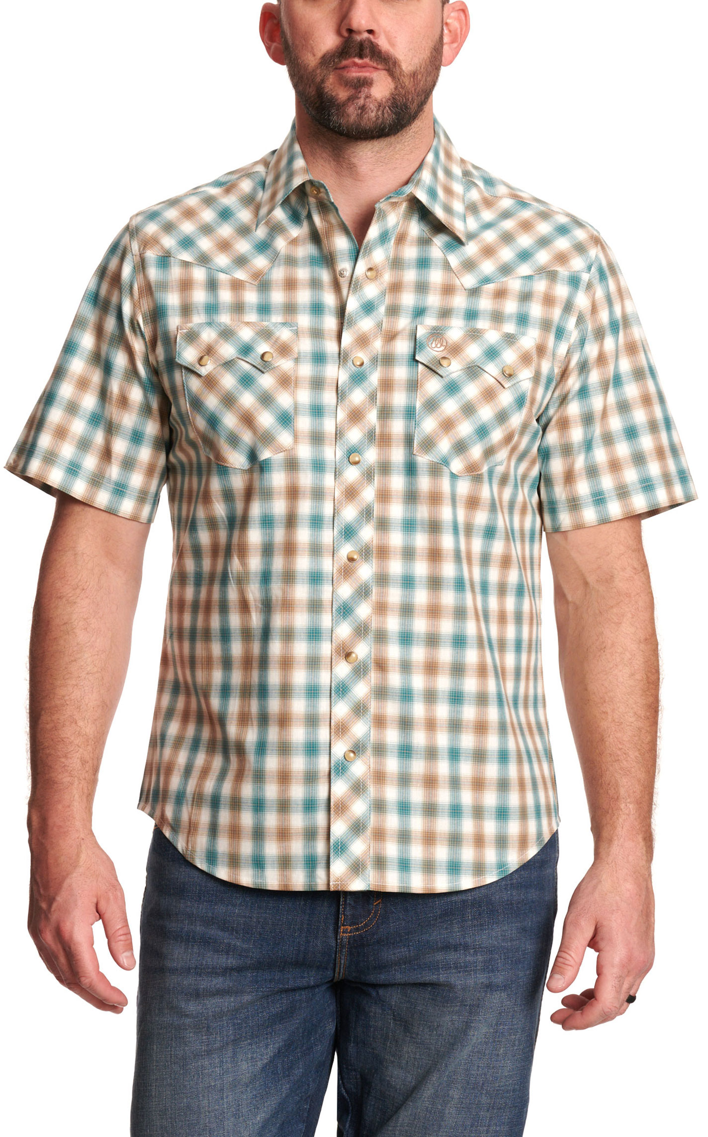 Wrangler Retro Men's Teal & Coffee Plaid Western Shirt - Image 3