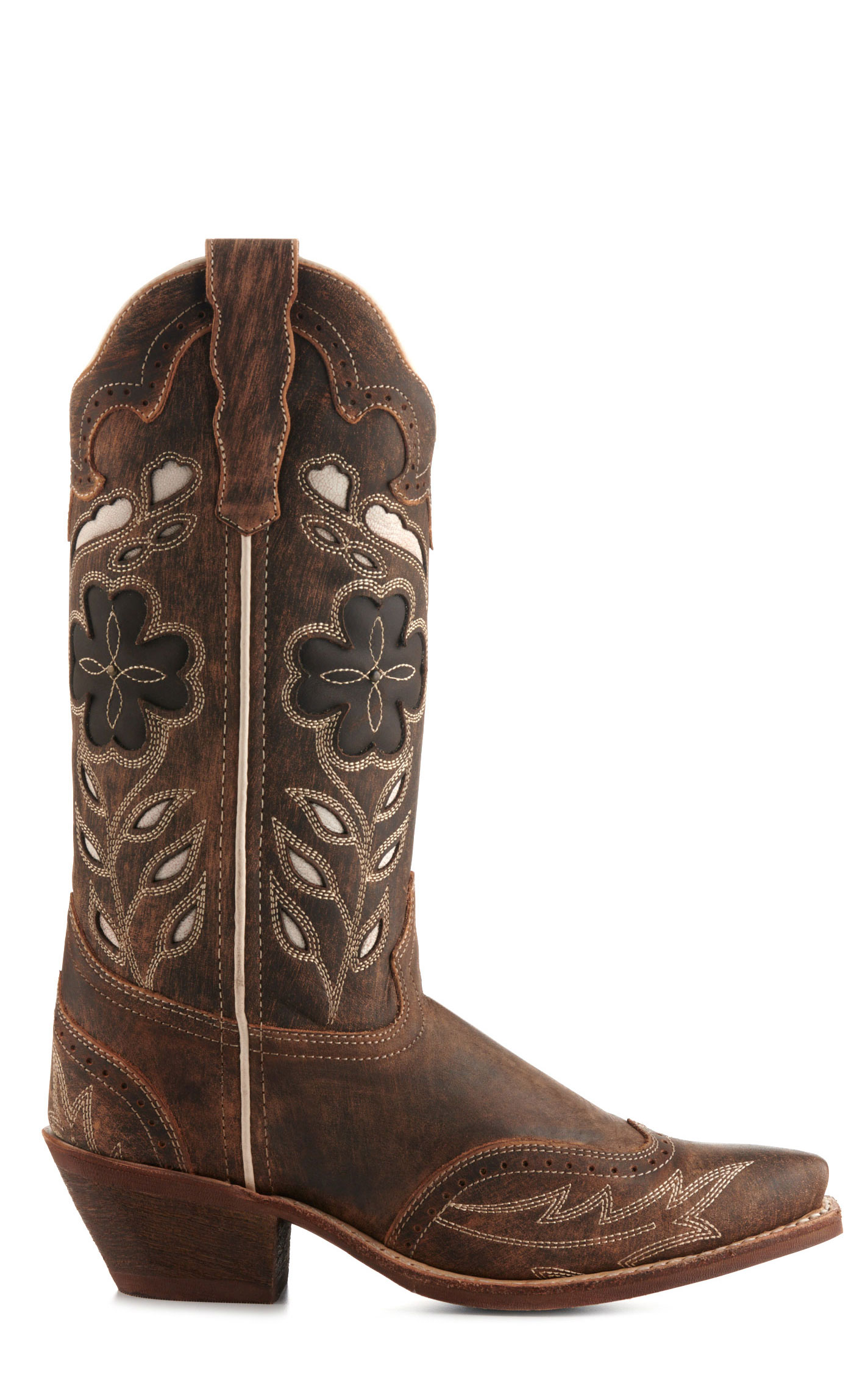 Laredo Women's Zuri Distressed Brown Floral Inlays Snip Toe Cowboy Boots - Image 1