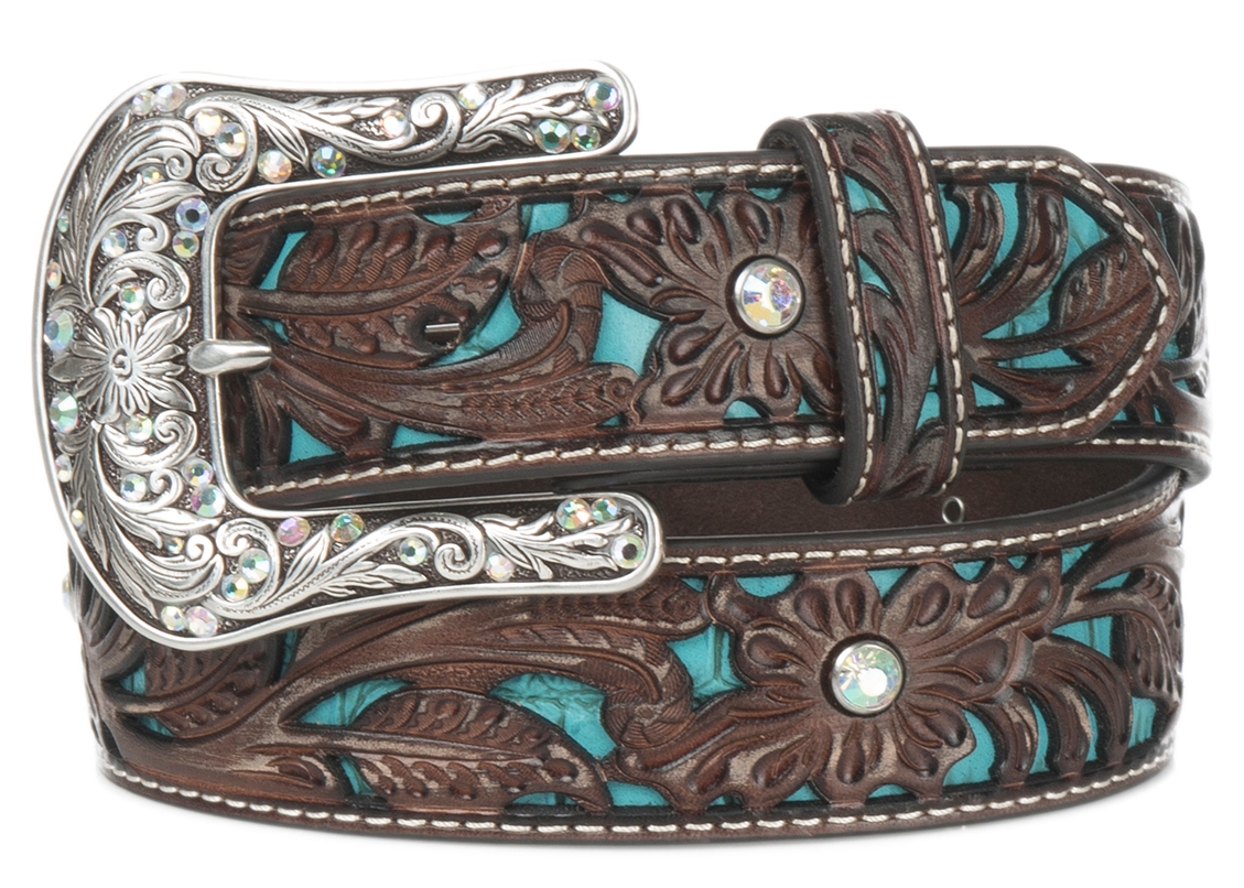 Ariat Women's Brown Tooled with Turquoise Inlay and Silver Buckle Leather Belt - Image 1