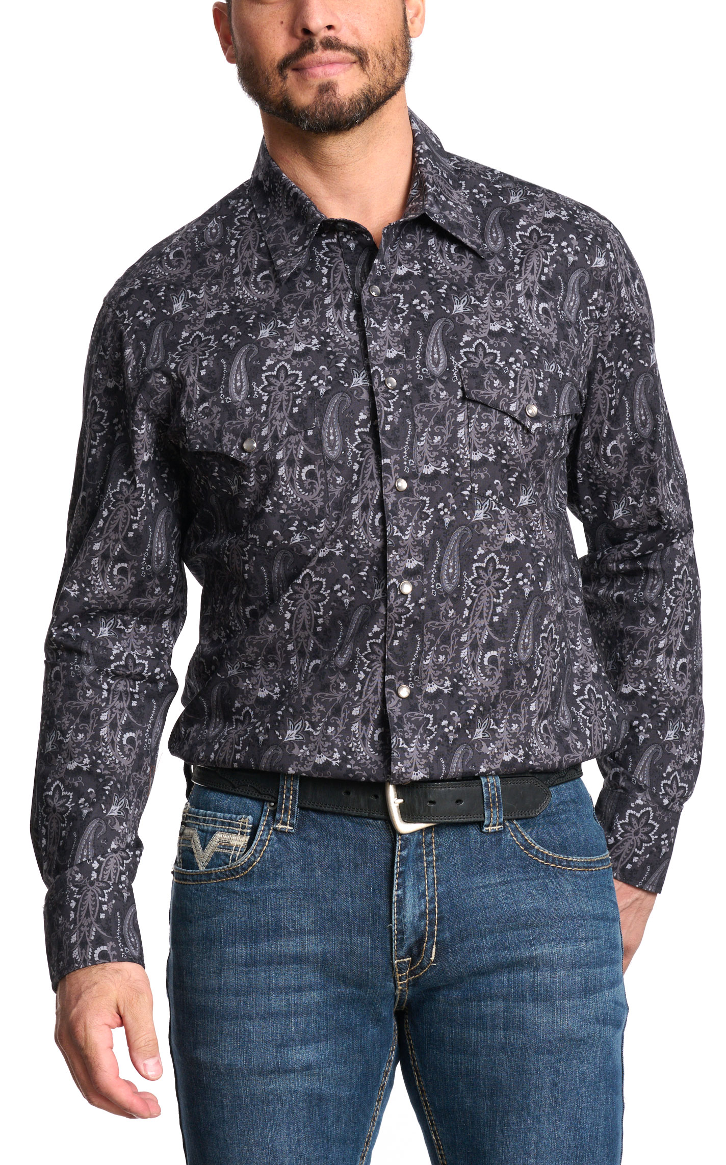 Rock & Roll Denim Men's Black & Gray Paisley Western Shirt - Image 1